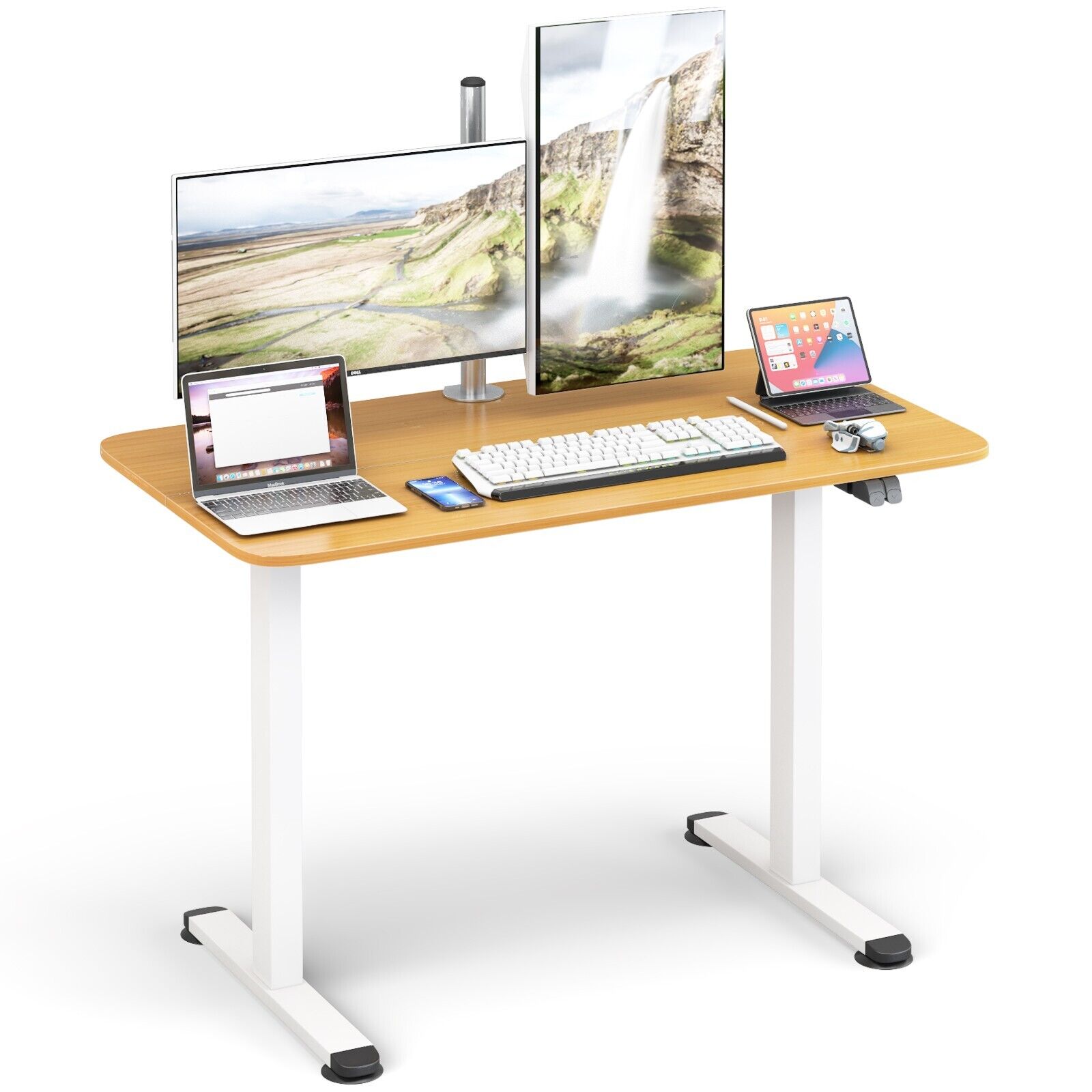 Electric Height Adjustable Standing Desk with Button Controller-Natural