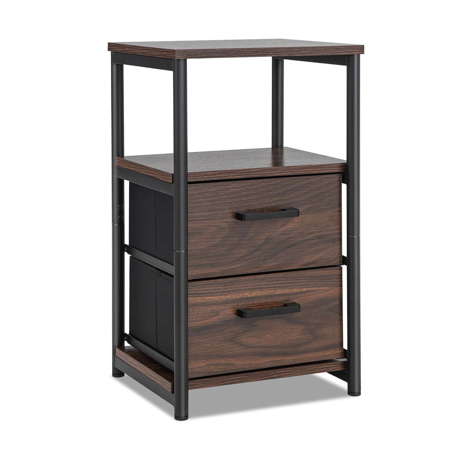 Metal Frame Bedside Table with Open Shelf and 2 Drawers-Rustic Brown