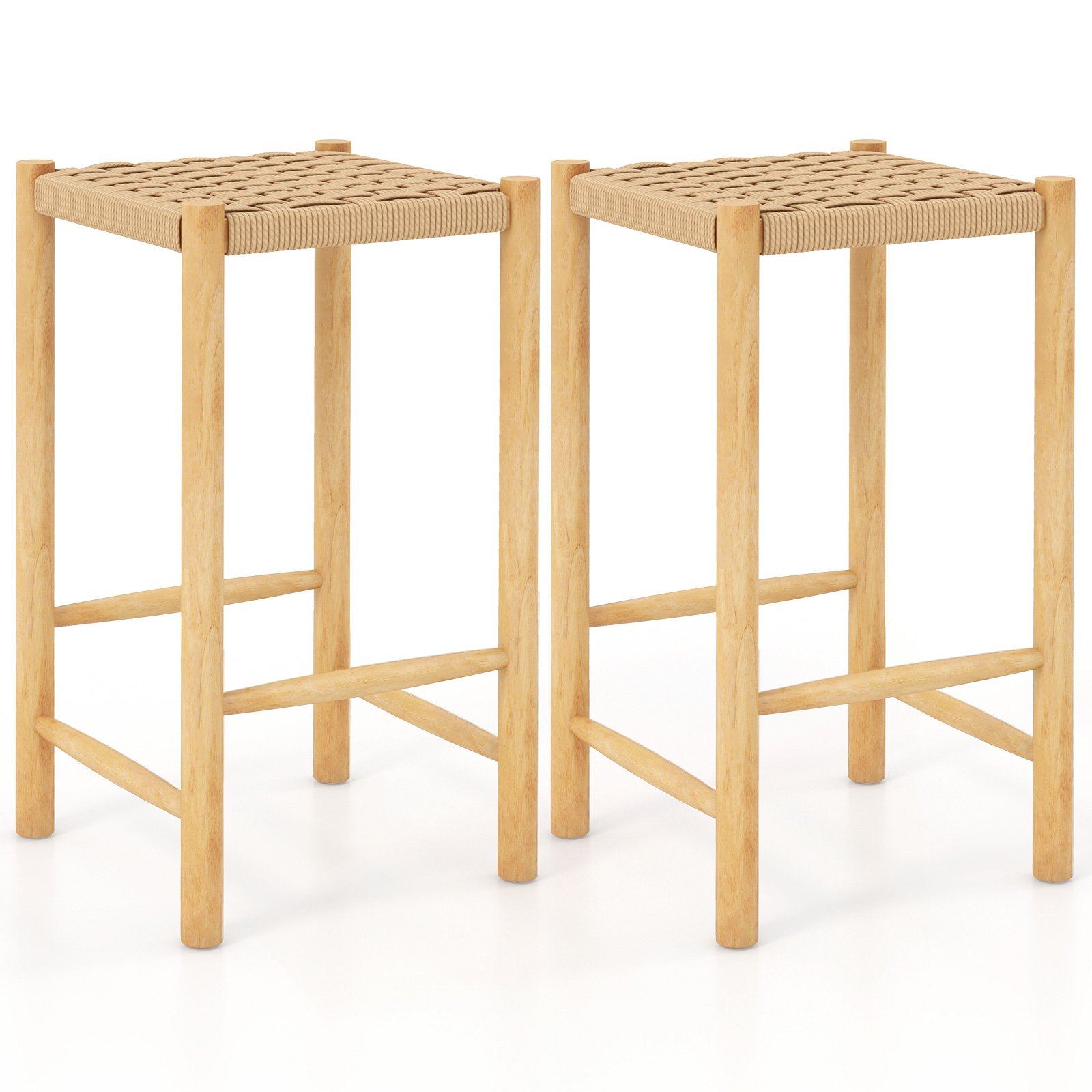 Dining Stool Set of 2 with Rubber Wood Frame and Woven Paper Seat-36 x 36 x 65cm