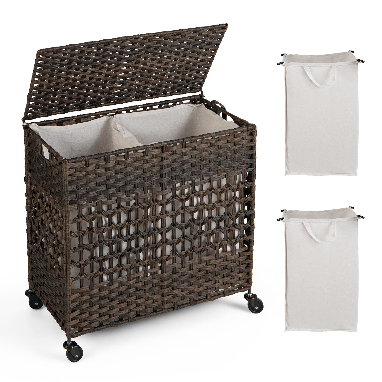 110L Collapsible Laundry Hamper Lid & Removable Liner Bag-Brown