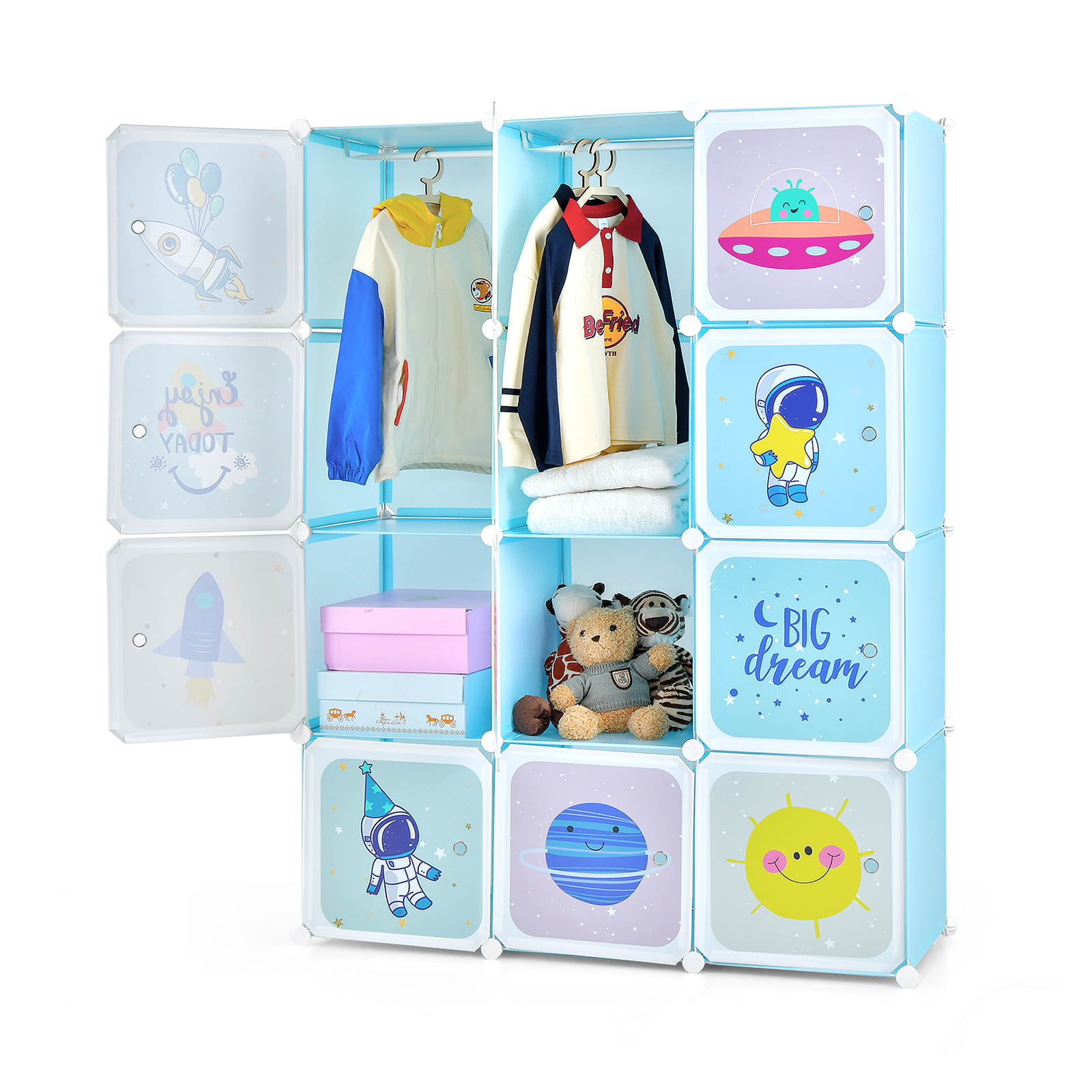 Portable Children Wardrobe with 12 Cubes and 2 Clothes Hanging Section-Blue