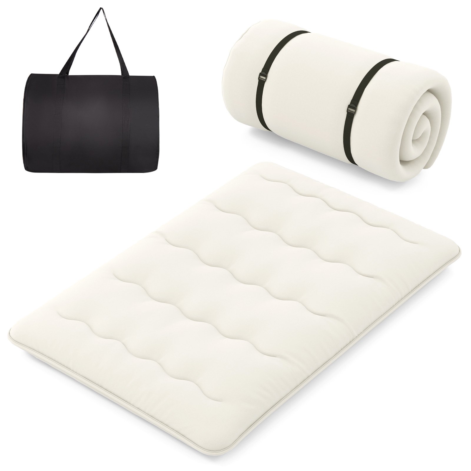 Japanese Floor Mattress with Washable Cover and Carry Bag-Beige-Double Size