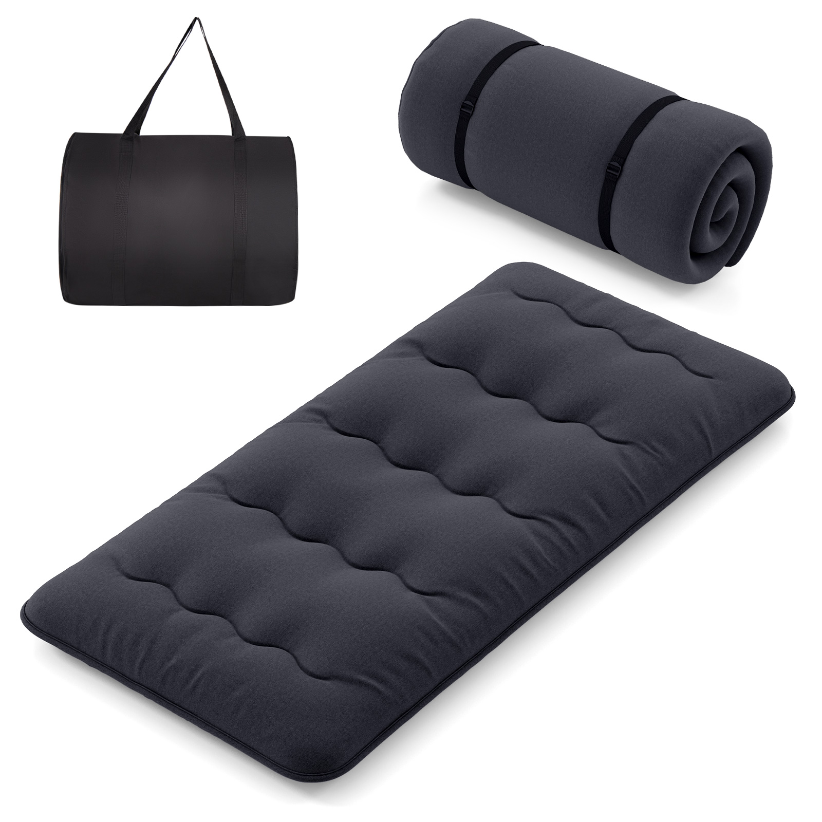 Japanese Floor Mattress with Washable Cover and Carry Bag-Black-Compact Double