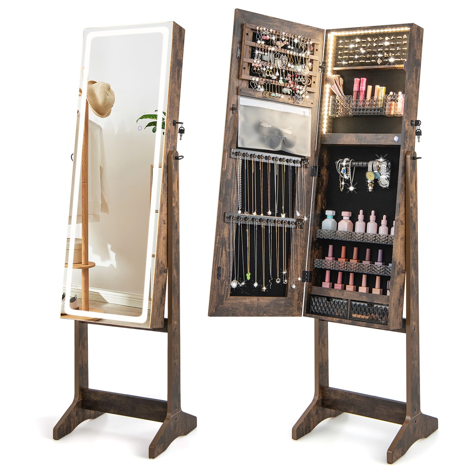 Standing Jewelry Cabinet with LED Lights Lipstick Box and 2 Drawers-Rustic Brown