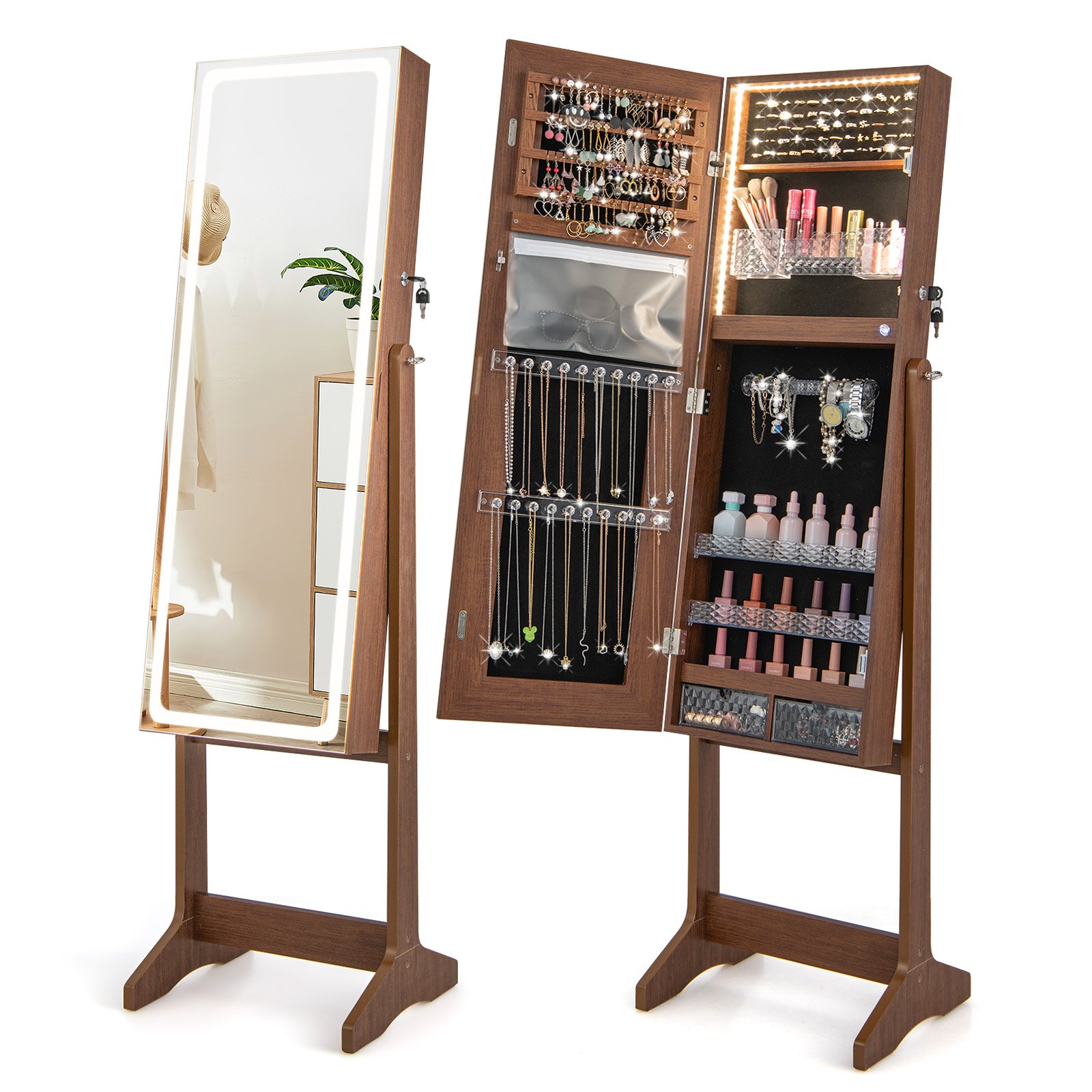 Standing Jewelry Cabinet with LED Lights Lipstick Box and 2 Drawers-Walnut