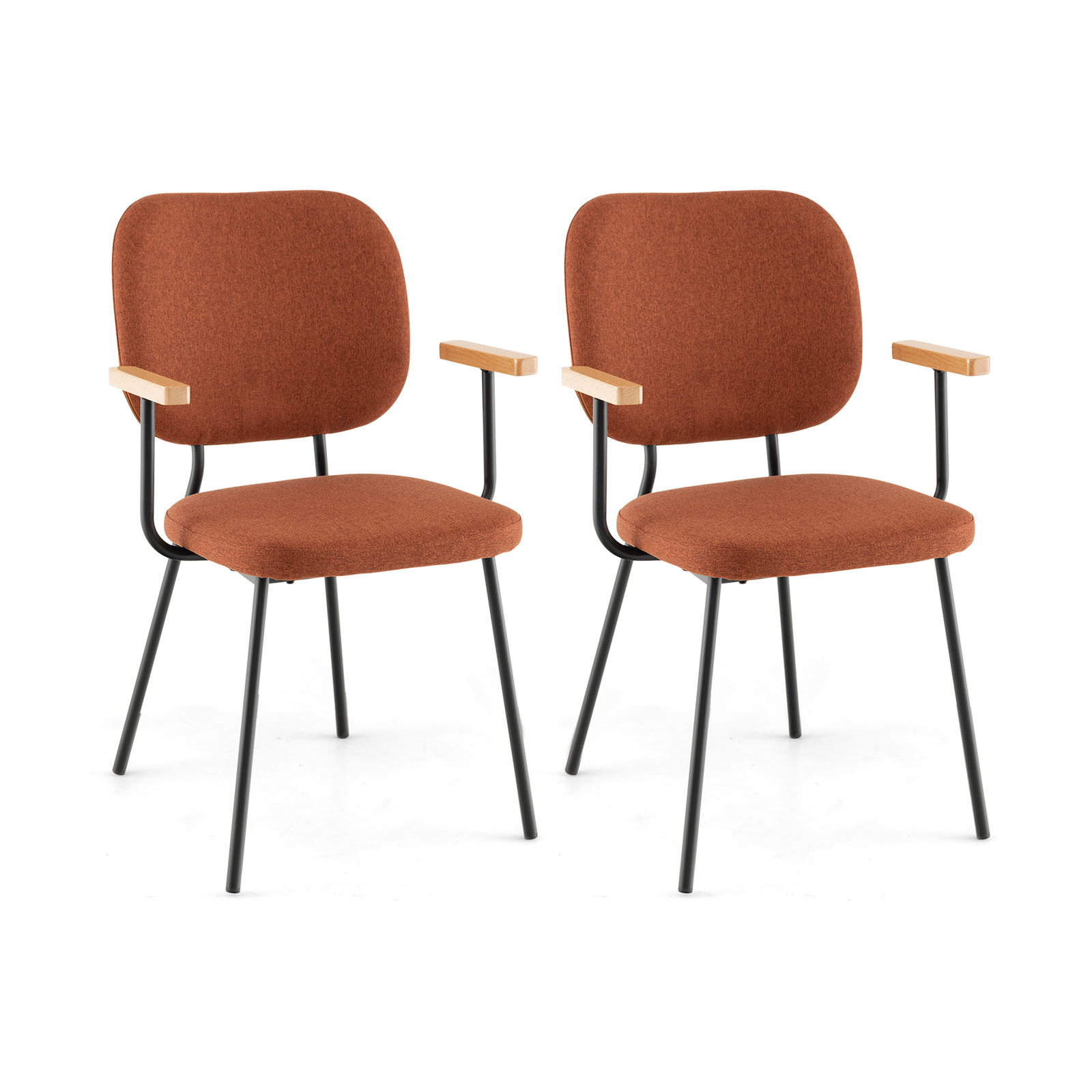 Set of 2 Linen Fabric Upholstered Dining Chairs with Curved Backrest-Orange