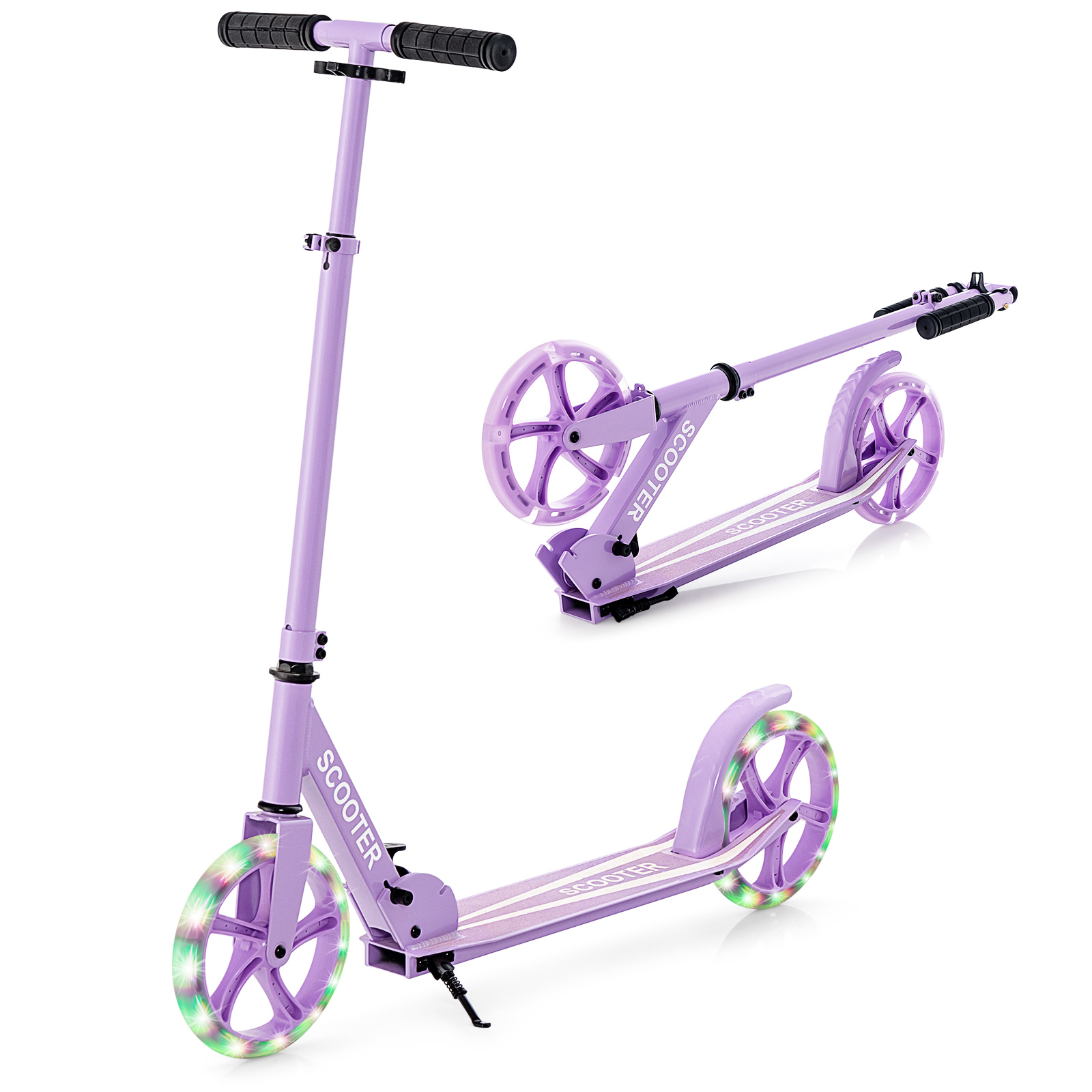 Kick Scooter Foldable and Adjustable Design with 2 Big Wheels and LED Lights-Purple