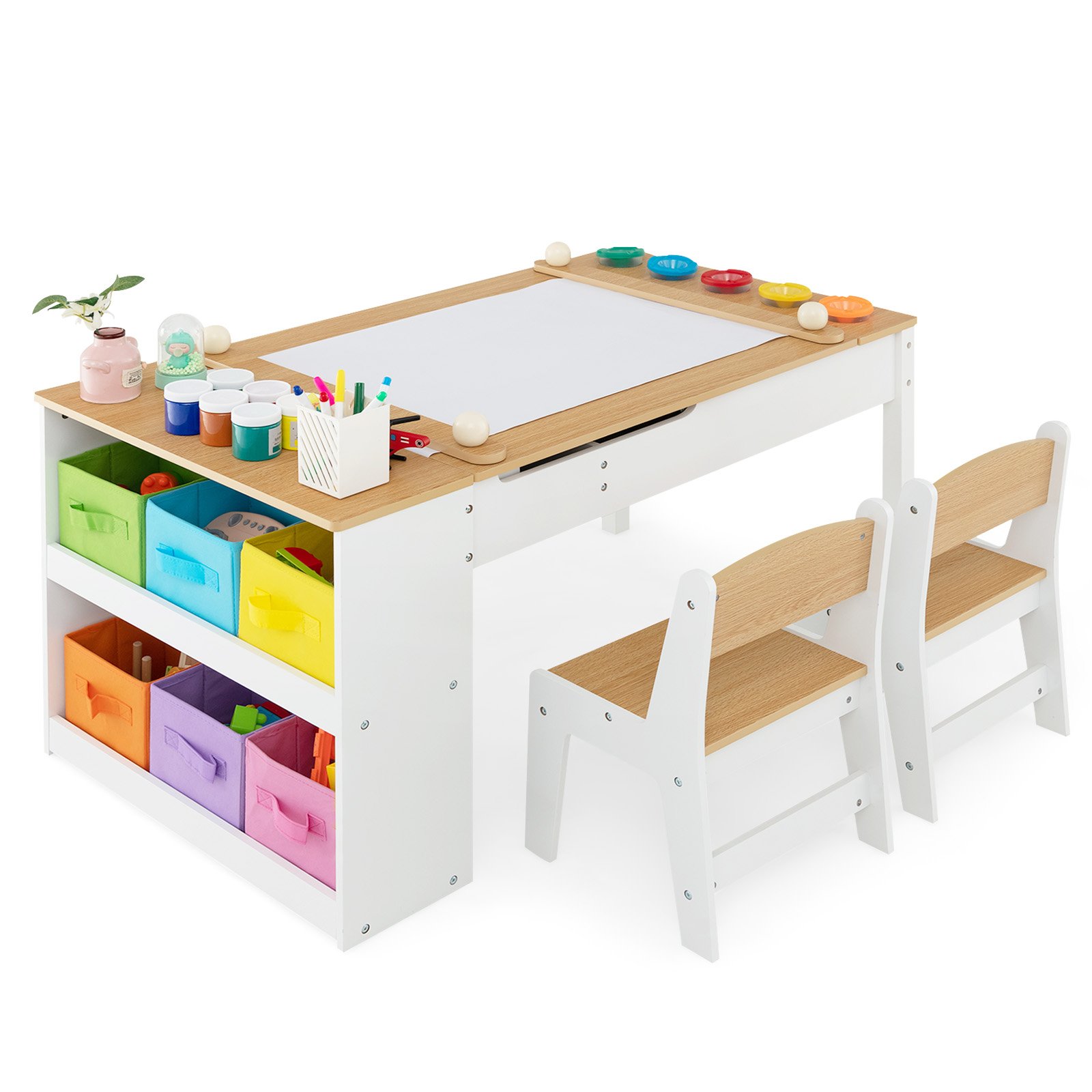 2-in-1 Kids Art Table and Art Easel Set with Chairs-Natural