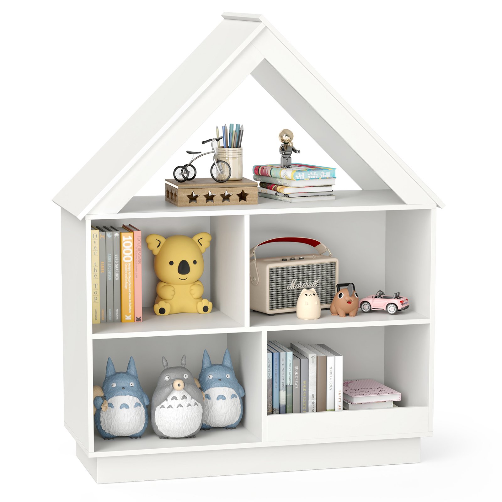 Kids Dollhouse Bookshelf with Anti-toppling Devices and 3-Tier Open Display Shelf for Toddlers-White