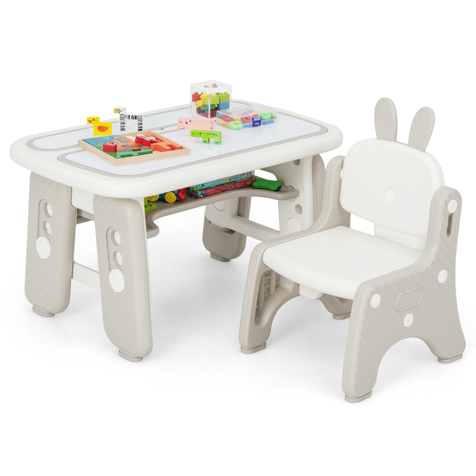 Kids Drawing Table and Chair Set with Flip-Top Tabletop Bookshelf-Grey