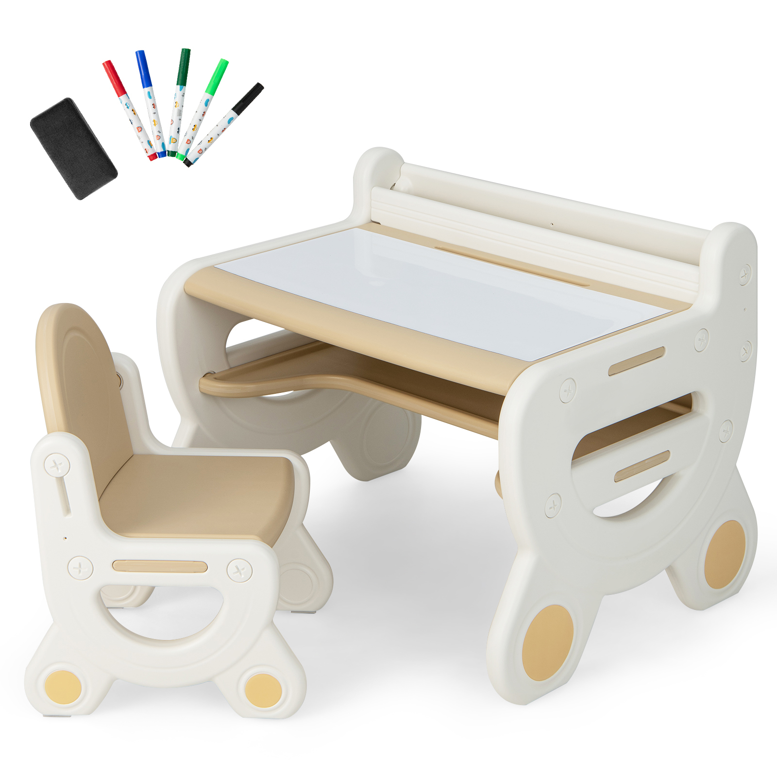 Kids Drawing Table and Chair Set with Watercolor Pens-Brown