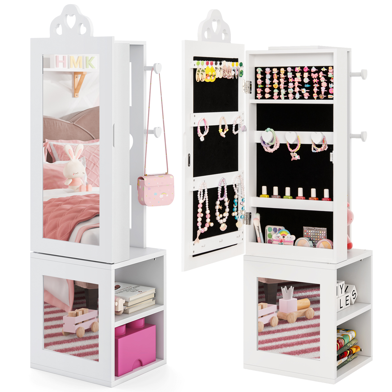 Kids Jewelry Armoire Full Length Mirror with Coat Rack and Storage Shelves-White