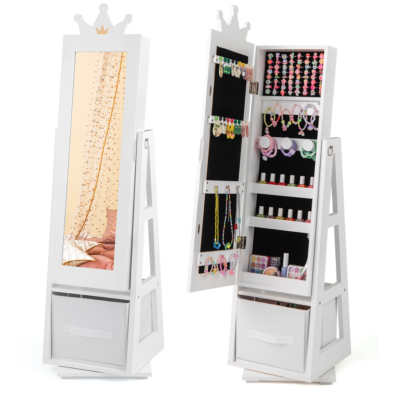 Kids Jewelry Cabinet Standing Jewelry Organizer with Full-Length Mirror-White