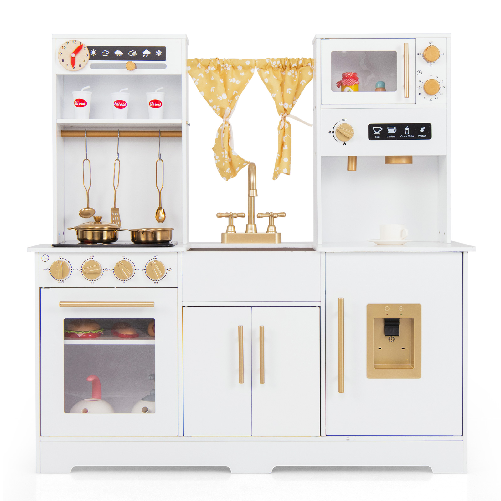 Kids Kitchen Playset with Coffee Maker and Stove Top and Golden Utensils-White