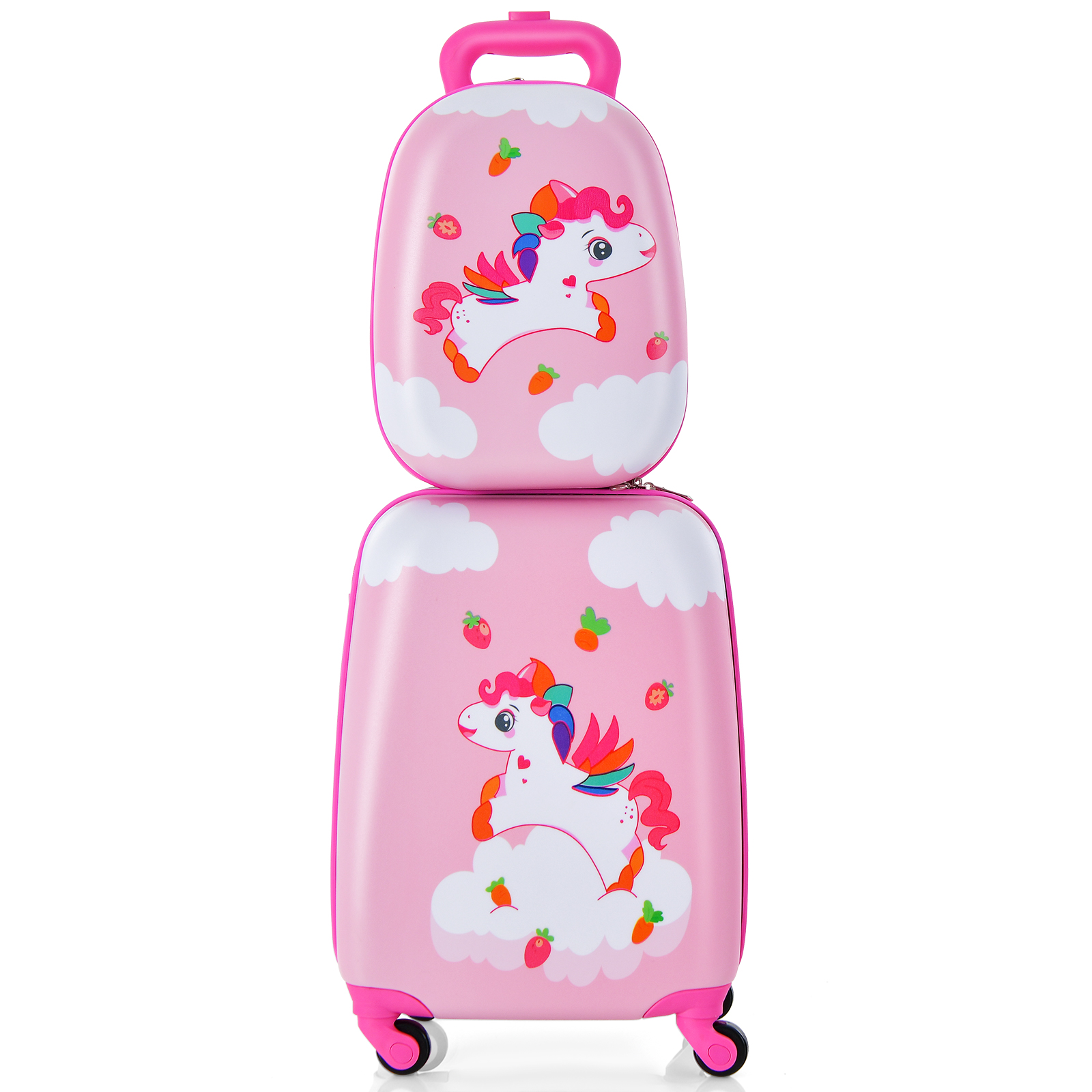 2 Pieces Kids Luggage Set with Wheels and Height Adjustable Handle-Cream Pink