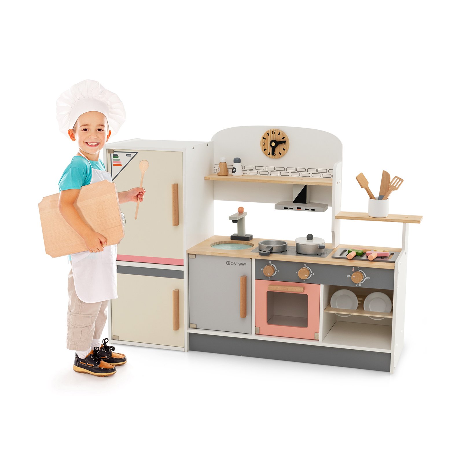 Wooden Pretend Kids Play Kitchen Set with Realistic Range Hood