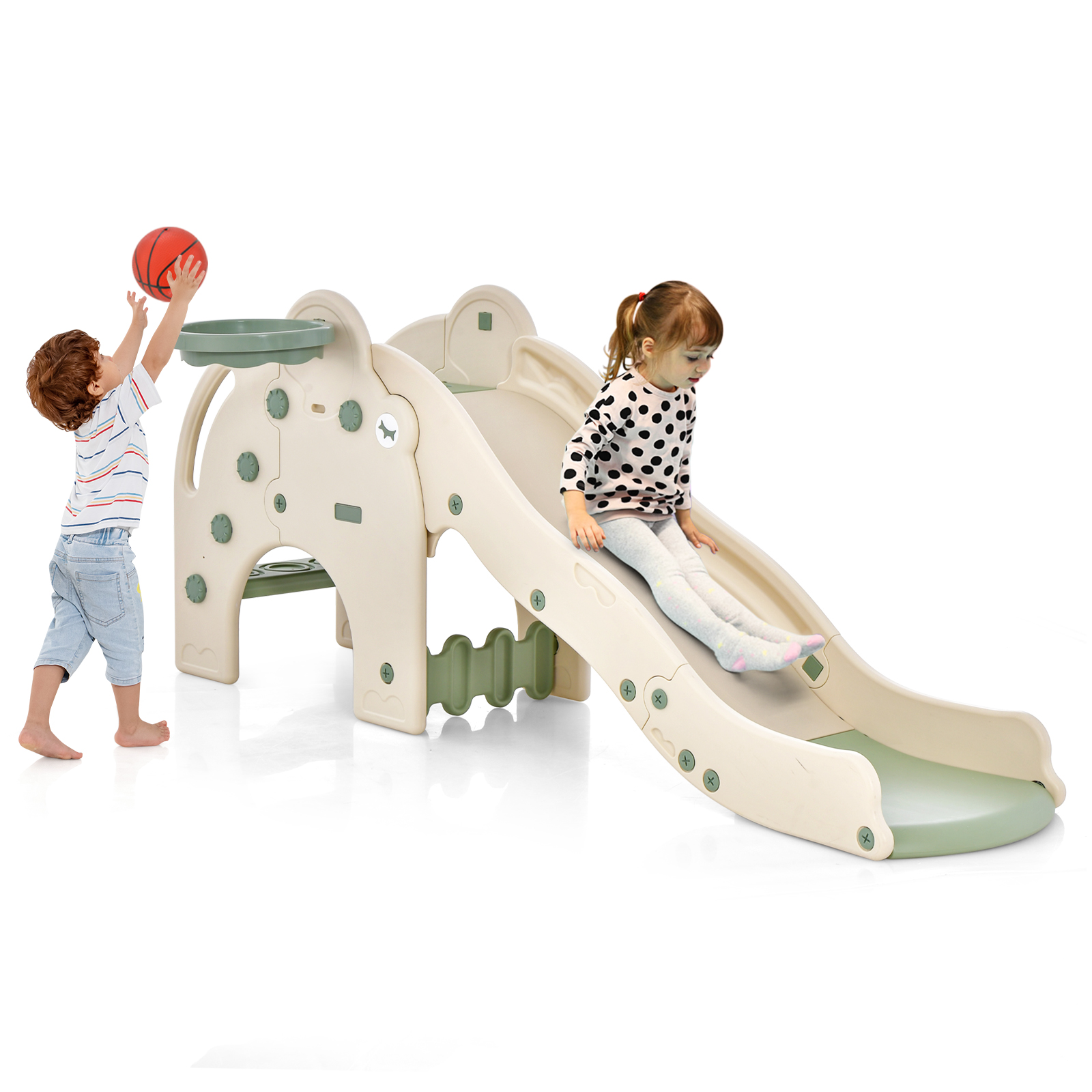 Kids Play Slide with Cute Elephant Shape and Basketball Hoop-Green