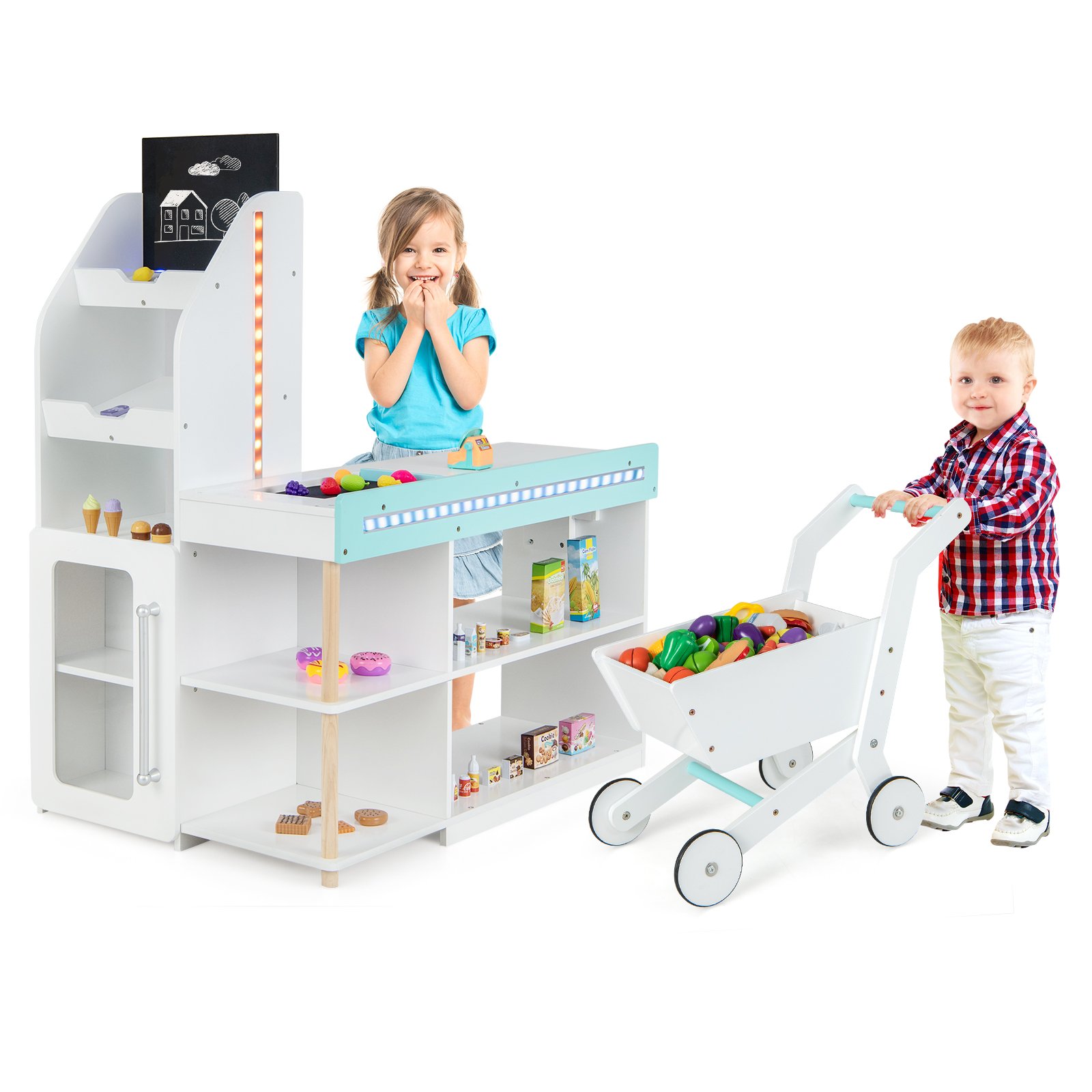 Kids Supermarket Shopping Set with Shopping Cart and Cash Register-White