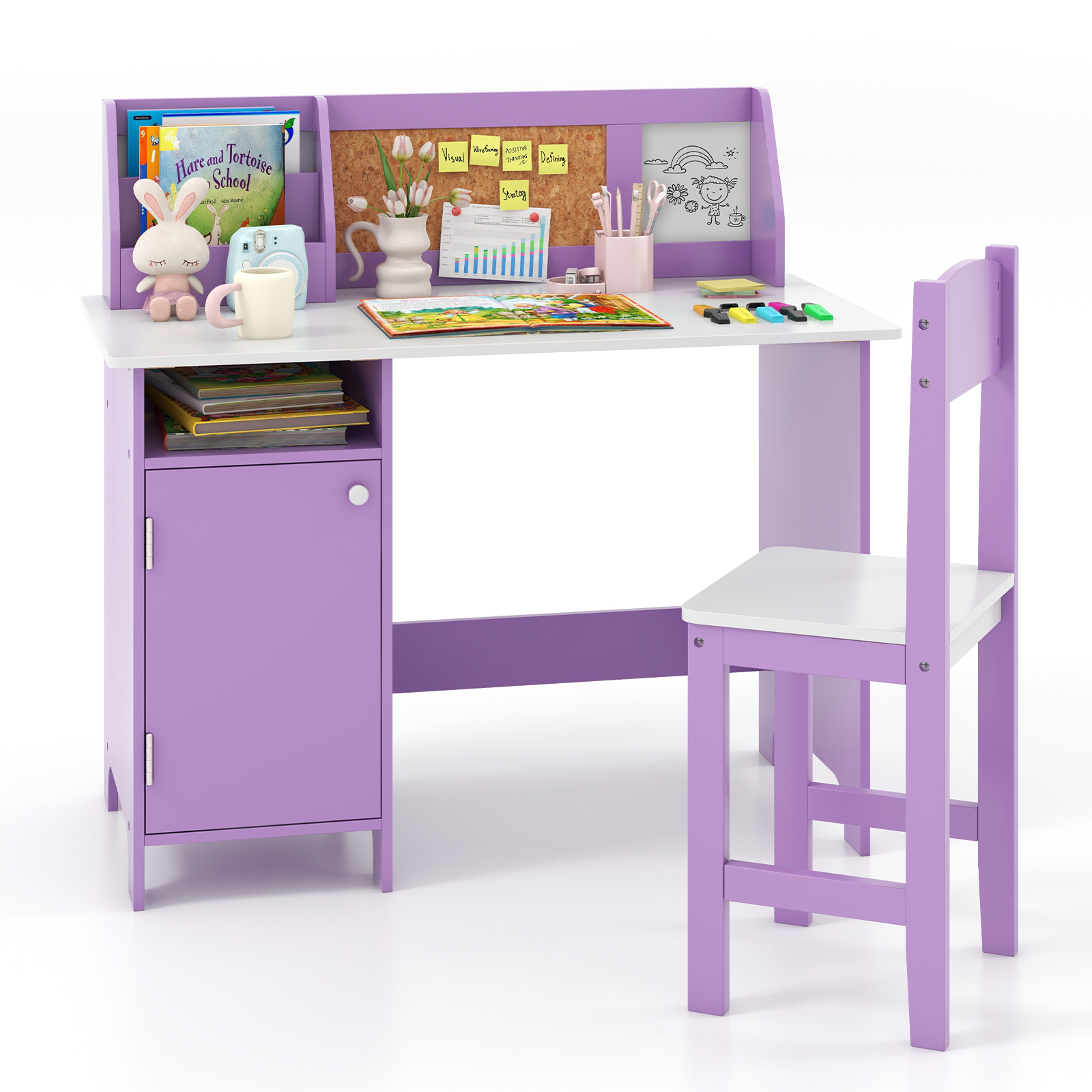 Kids Table and Chair Set with Hutch and Cabinet-Purple