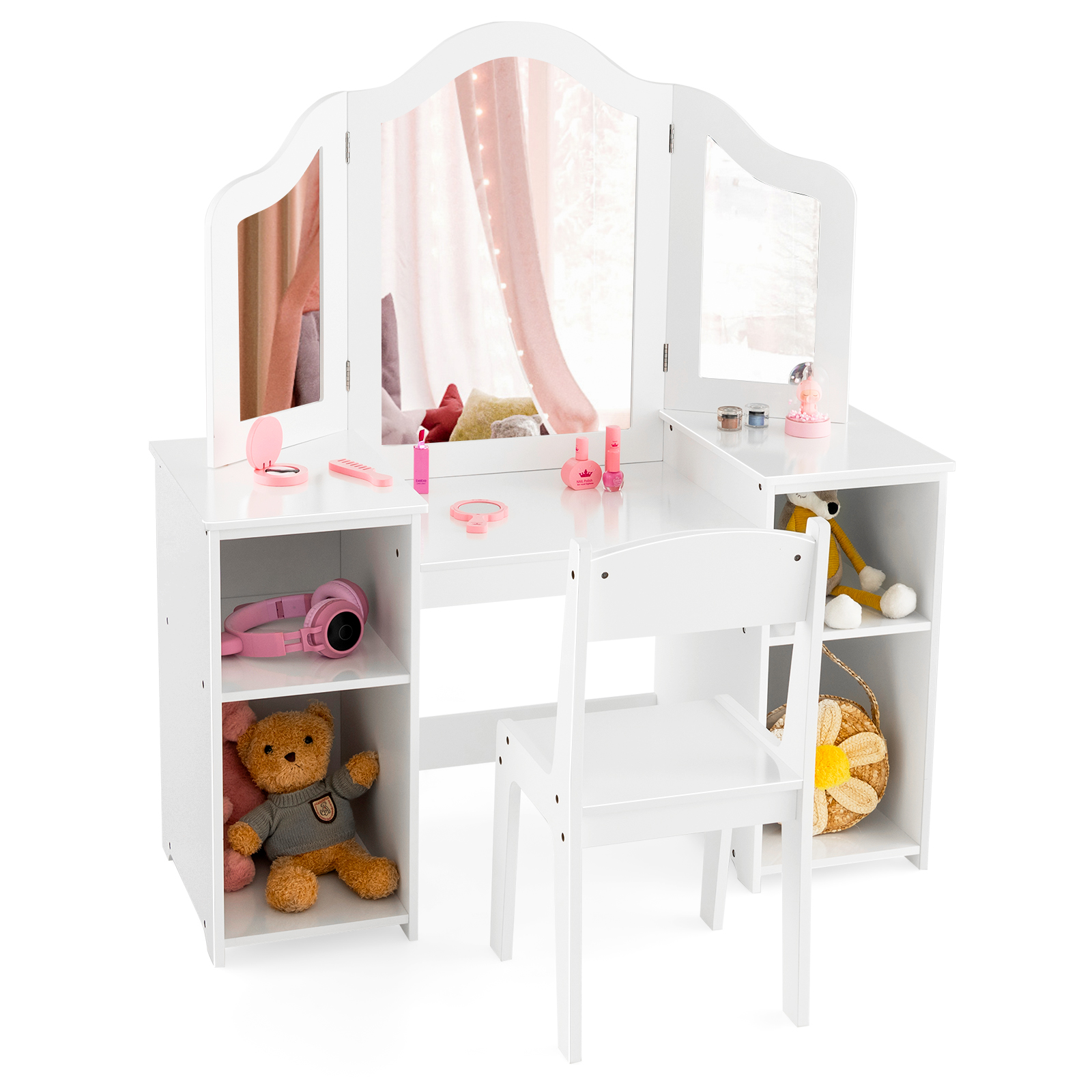 Kids Vanity Set with Tri-Folding Detachable Mirror-White