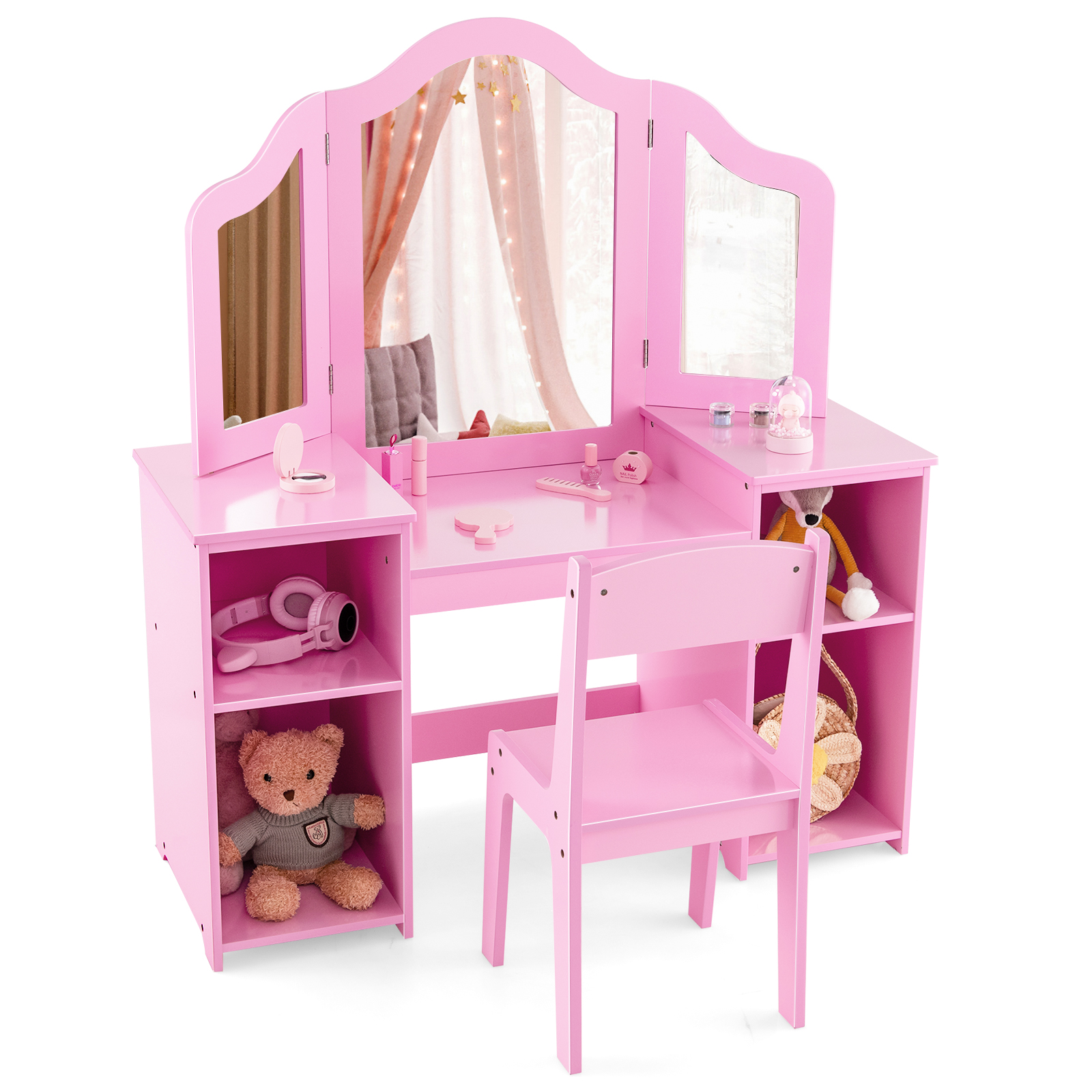 Kids Vanity Set with Tri-Folding Detachable Mirror-Pink