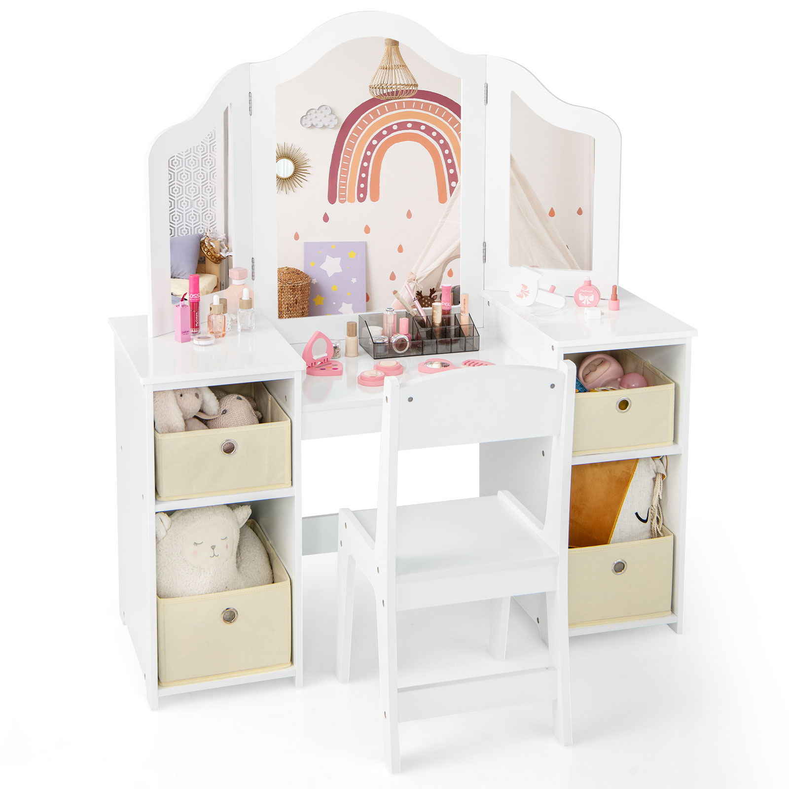 Kids Vanity Table and Chair Set with 3 Removable Mirrors and 4 Storage Bins for Children-White