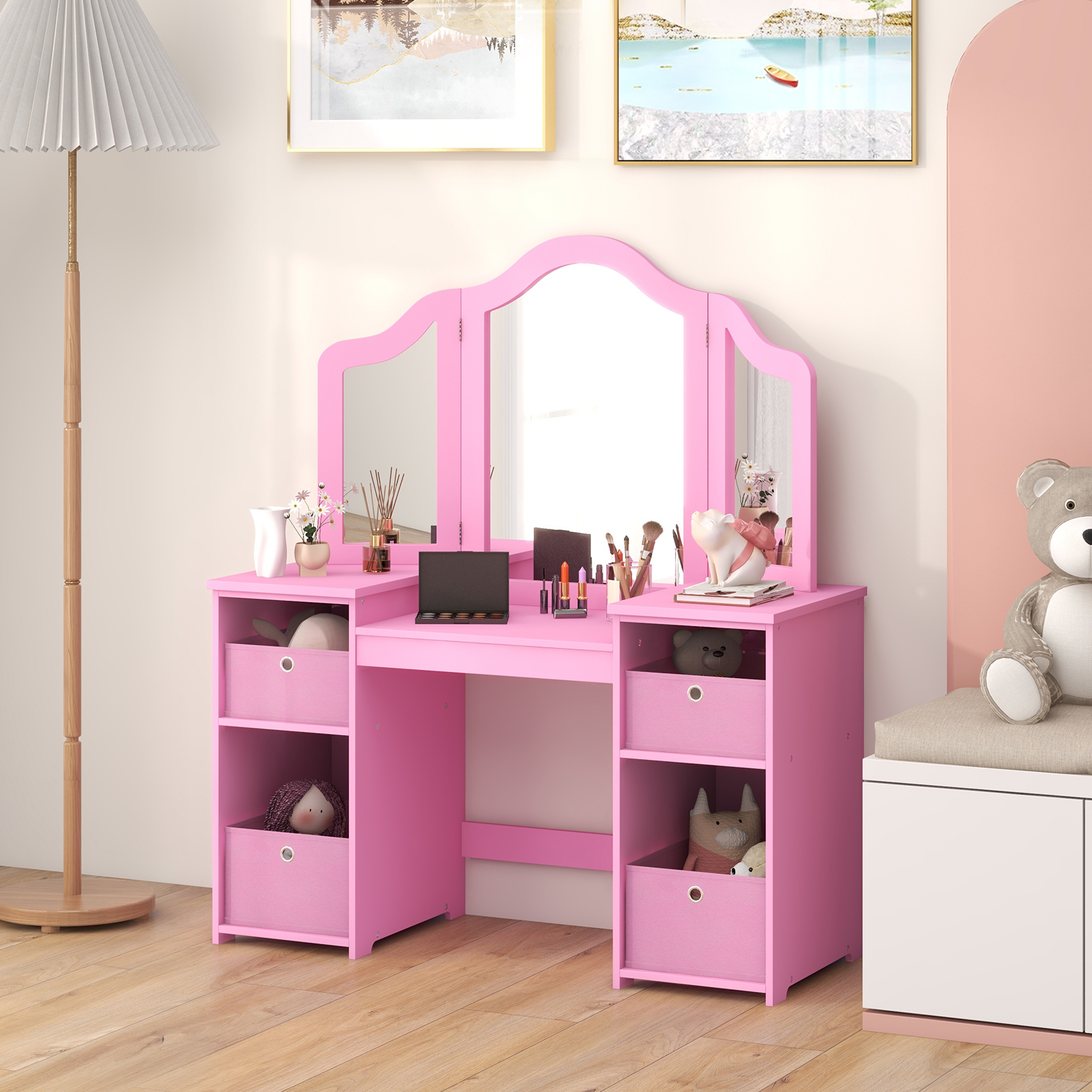 2-in-1 Princess Makeup Vanity Desk with Removable Mirrors-Pink