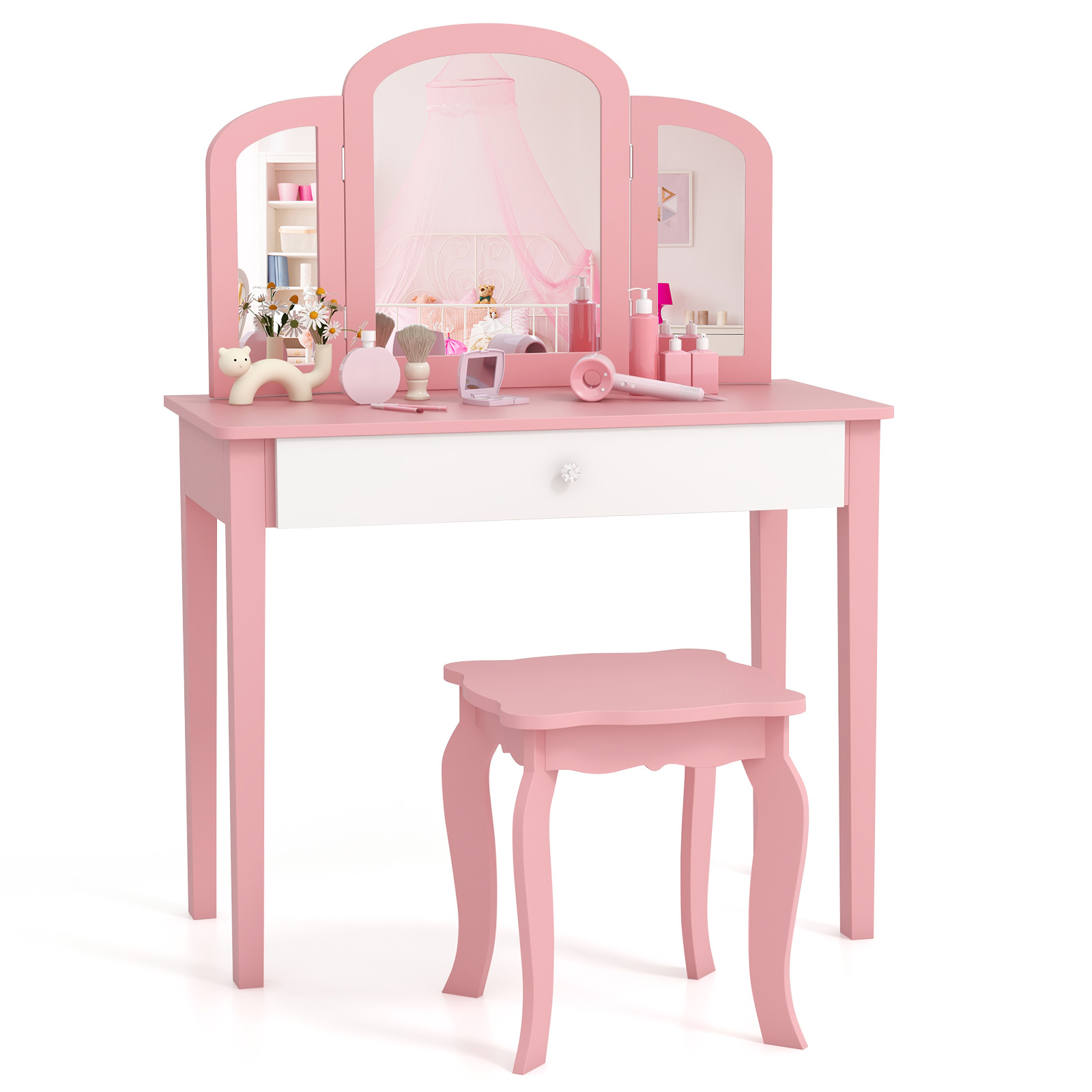 Kids Vanity Table and Stool Set Princess Makeup Dressing Table-Pink