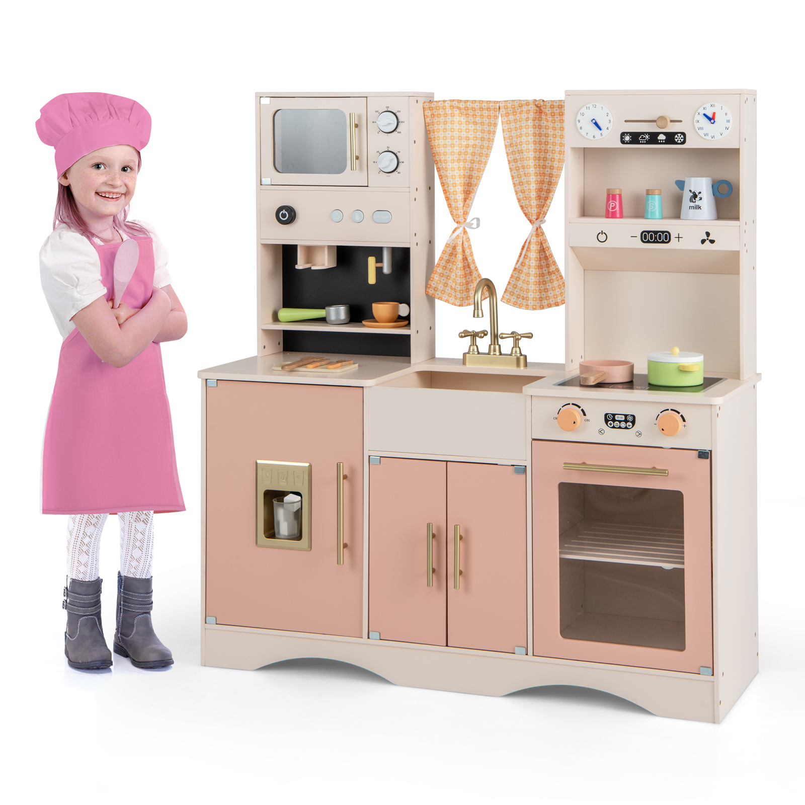 Kids Play Kitchen Wooden with Microwave and Ice Maker with Sounds-Pink