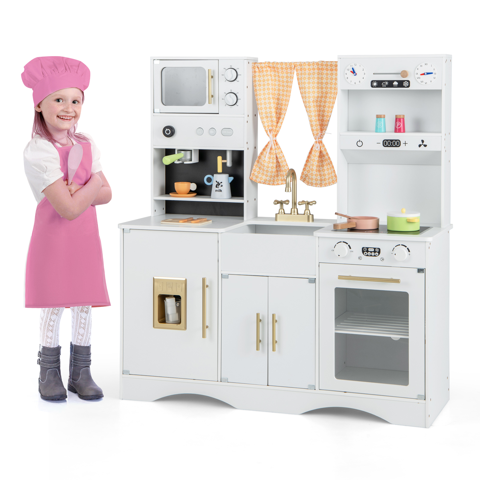 Kids Play Kitchen Wooden with Microwave and Ice Maker with Sounds-White