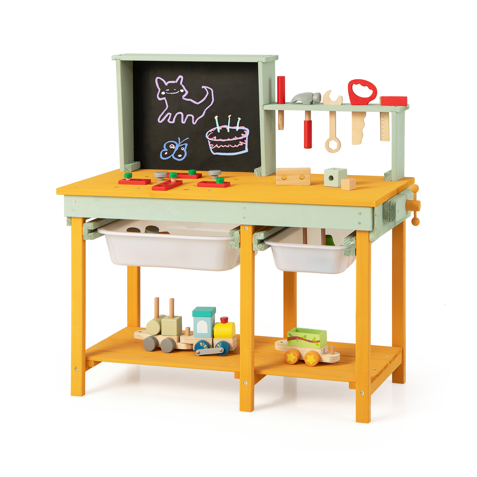 Kids Wooden Toy Workbench with Blackboard for Ages 3-8 Years Old