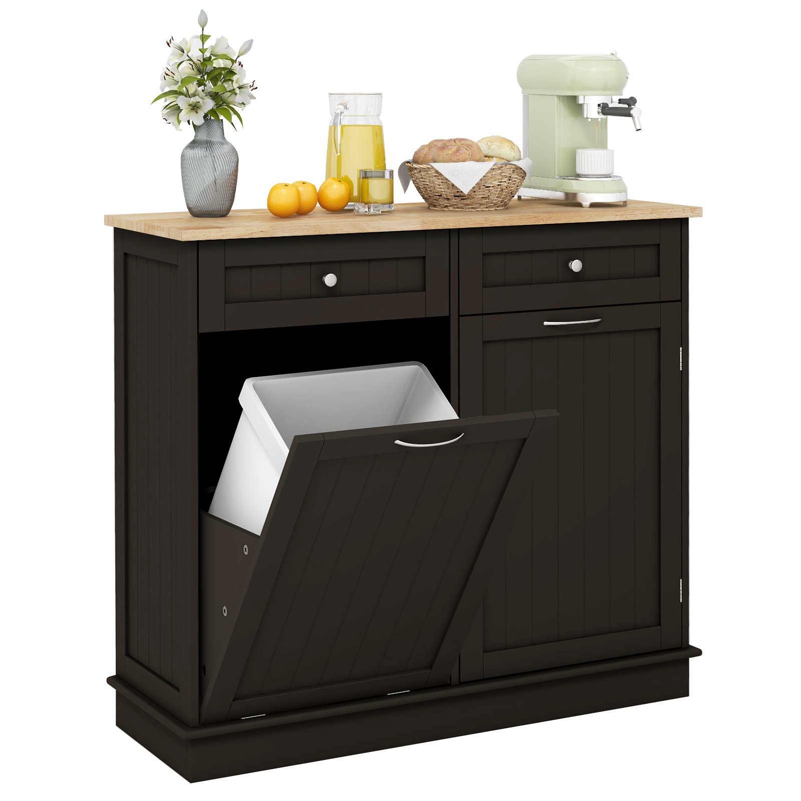 Kitchen Tilt Out Trash Cabinet with 70L Hidden Garbage Holder-Brown