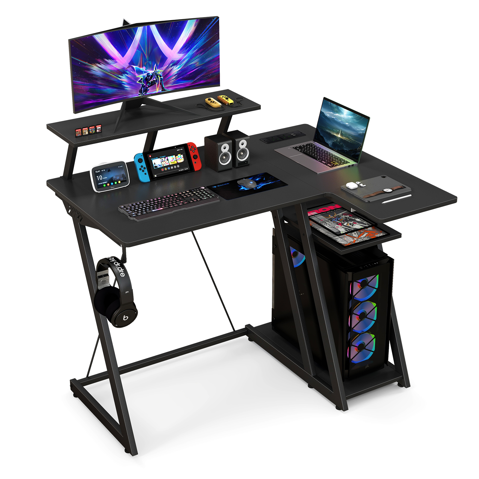 L-Shaped Gaming Desk with Outlets USB Ports and Monitor Shelf-Black