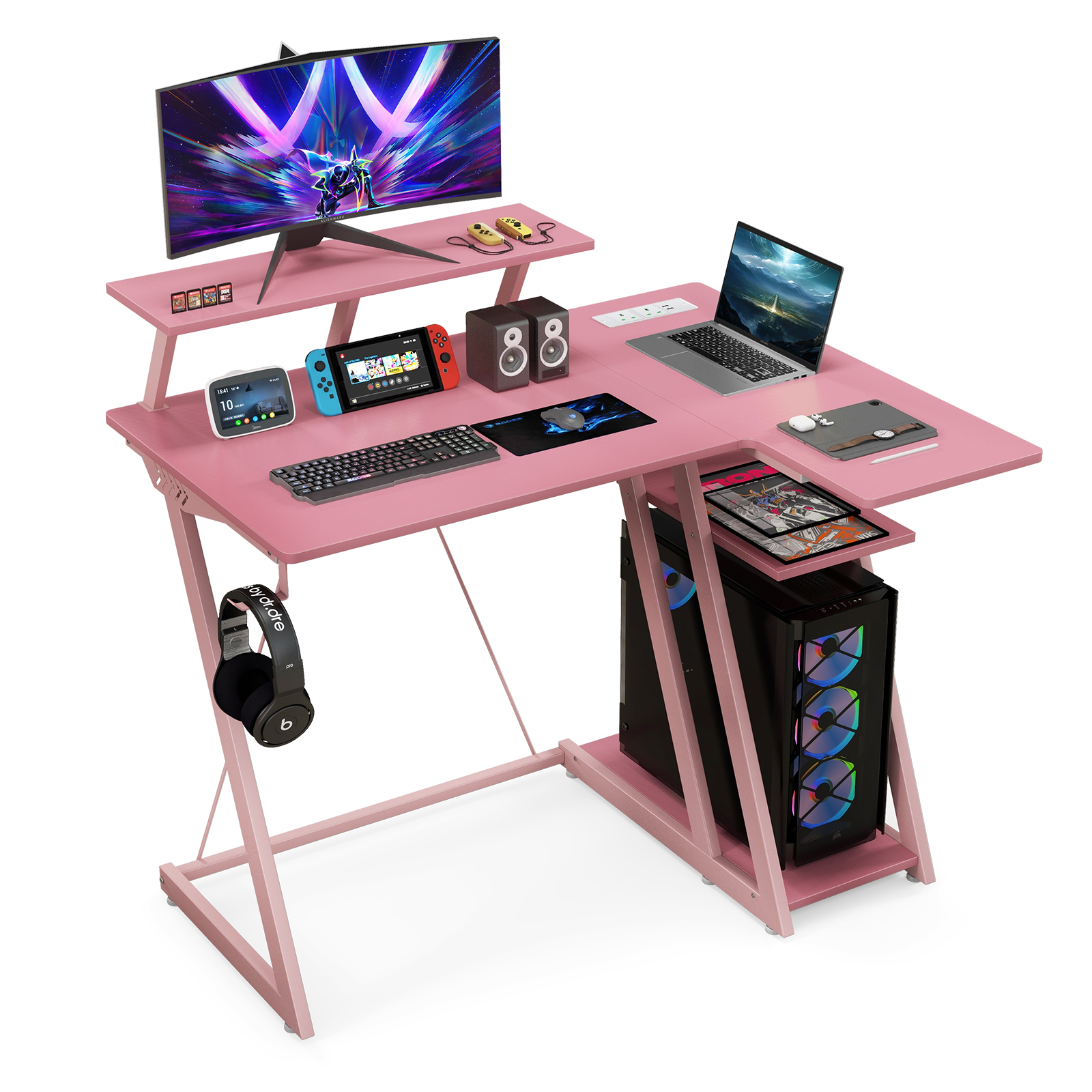 L-Shaped Gaming Desk with Outlets USB Ports and Monitor Shelf-Pink