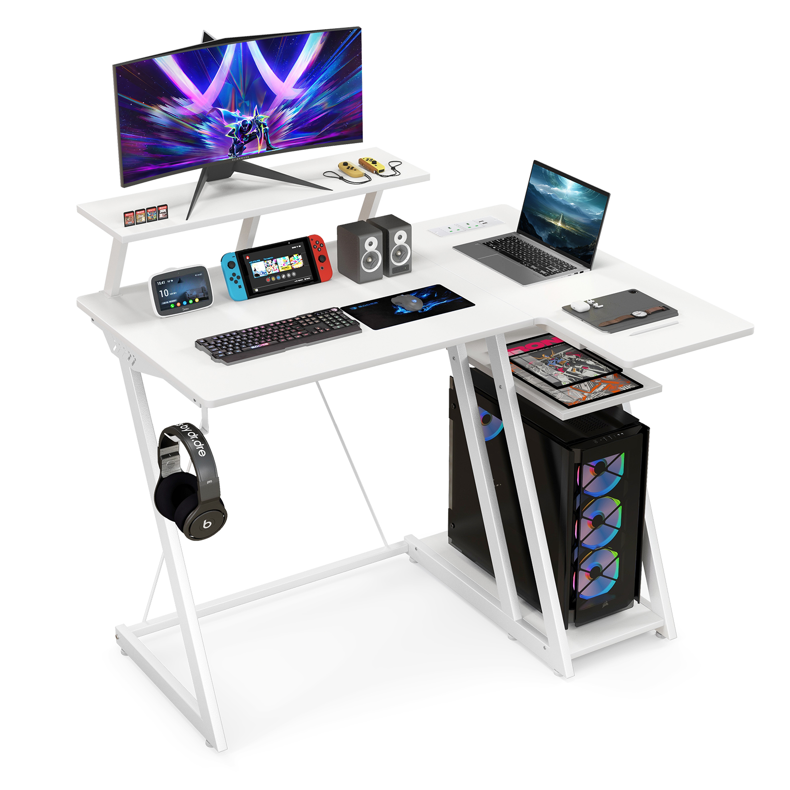 L-Shaped Gaming Desk with Outlets USB Ports and Monitor Shelf-White