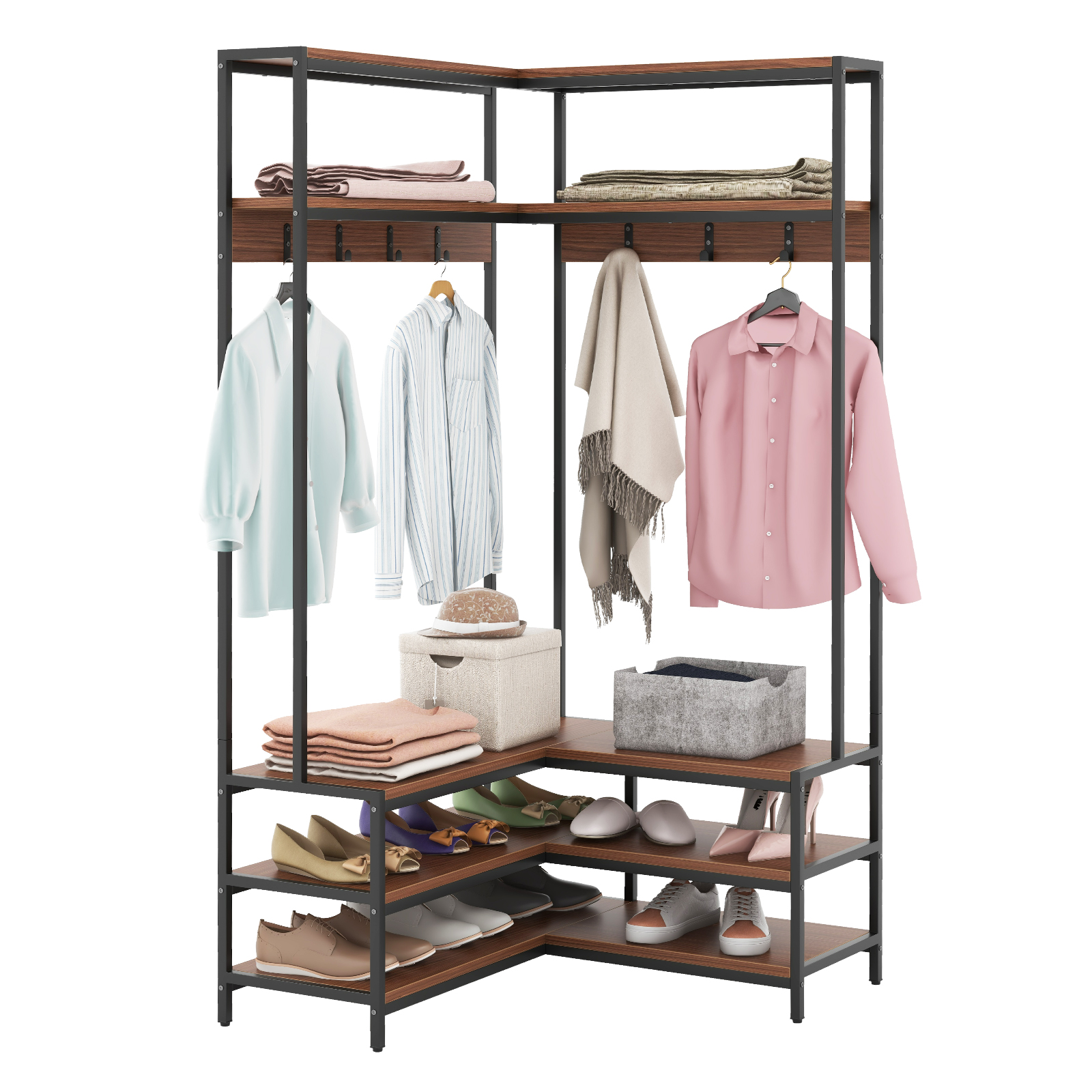 L-shaped Clothes Corner Garment Rack with Open Shelves and 7 Hooks-Walnut