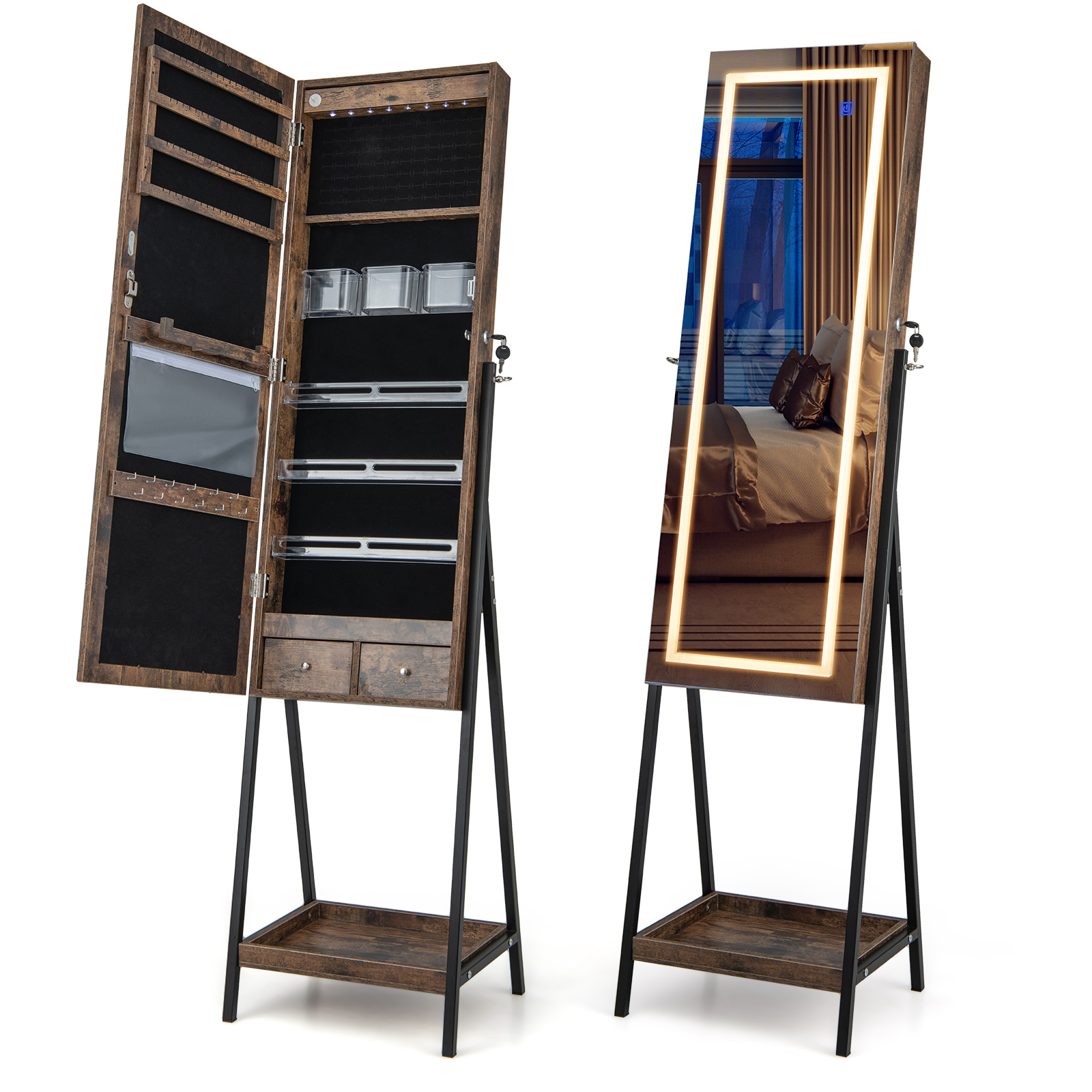 LED Standing Jewelry Mirror Cabinet with 3-Color Lighted Full-Length Mirror-Rustic Brown