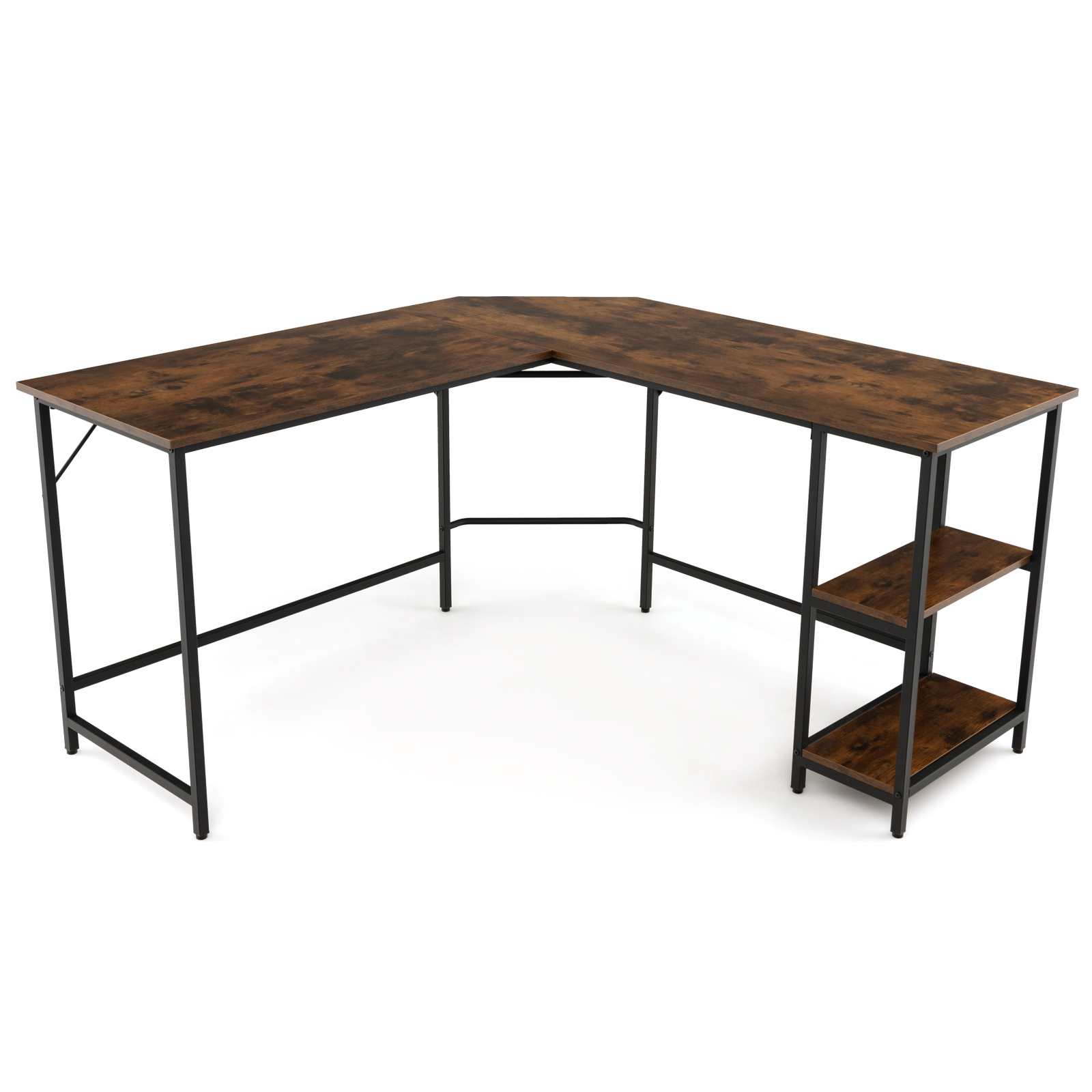 L-Shaped Computer Desk with 2-tier Shelves for Home Office Bedroom-Brown