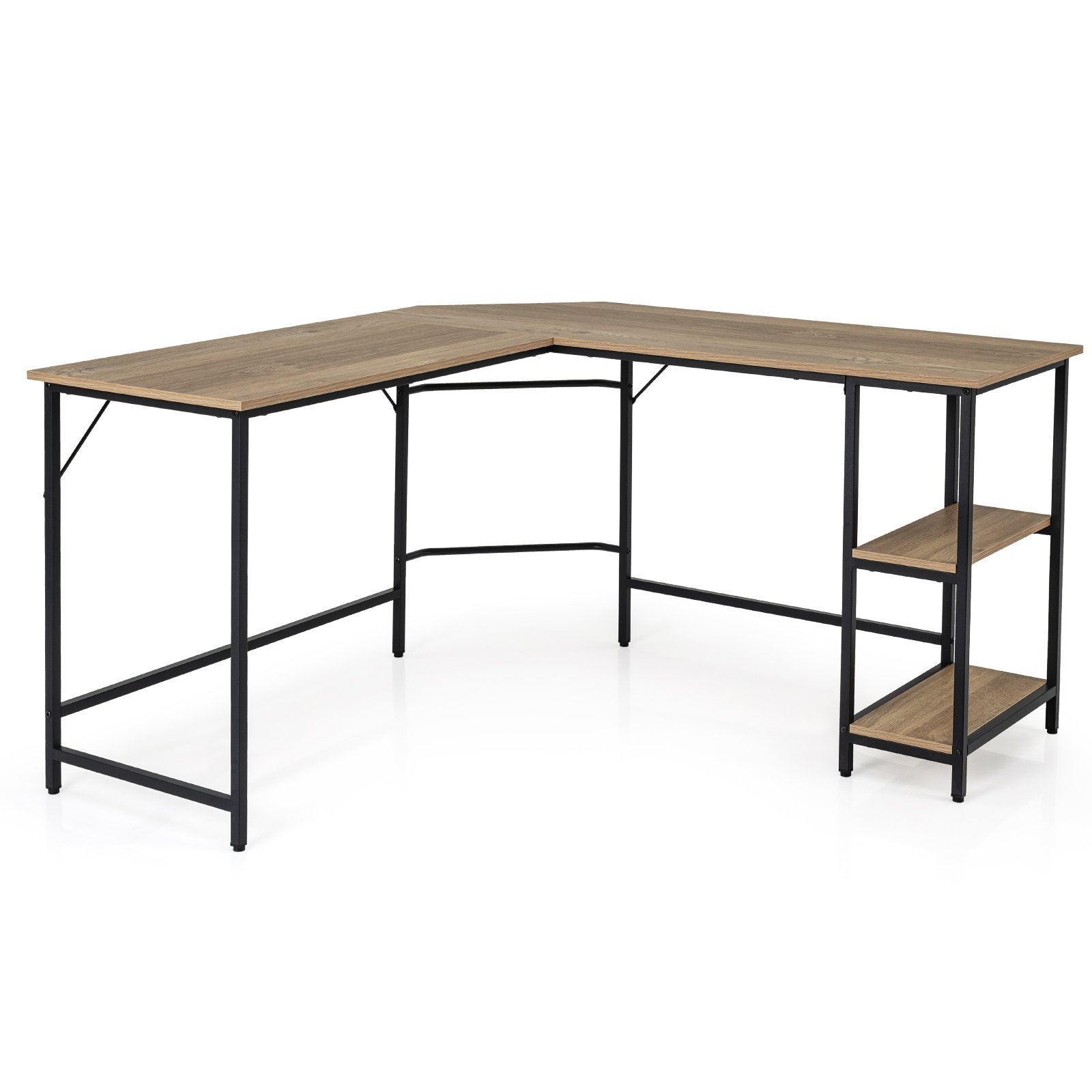 L-Shaped Computer Desk with 2-tier Shelves for Home Office Bedroom-Natural