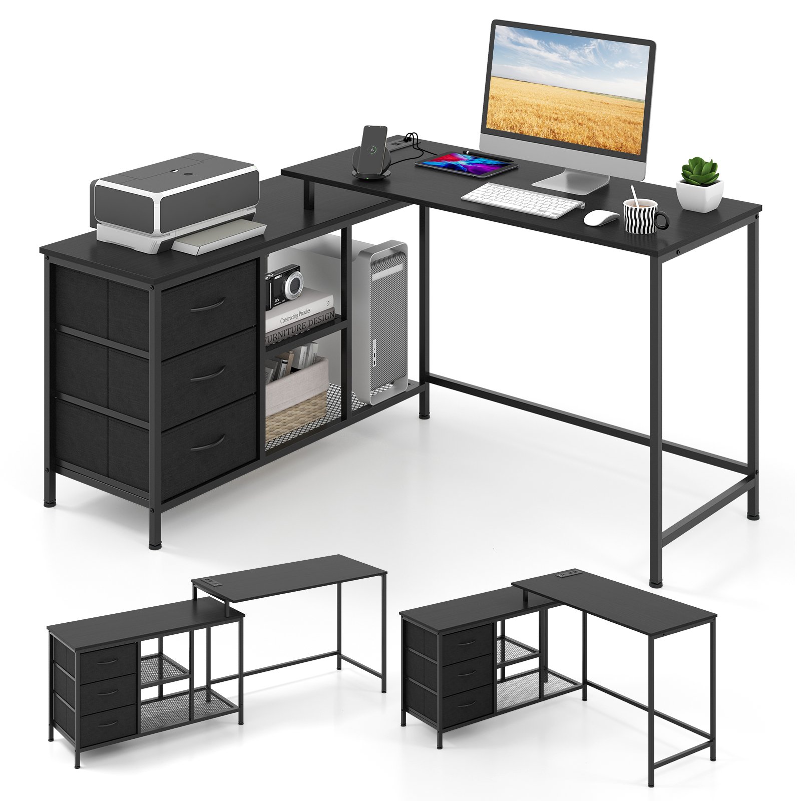 L-Shaped Computer Desk with Drawers Shelves and Charging Station-Black