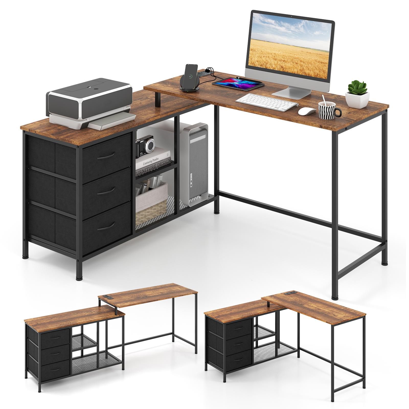 L-Shaped Computer Desk with Drawers Shelves and Charging Station-Rustic Brown