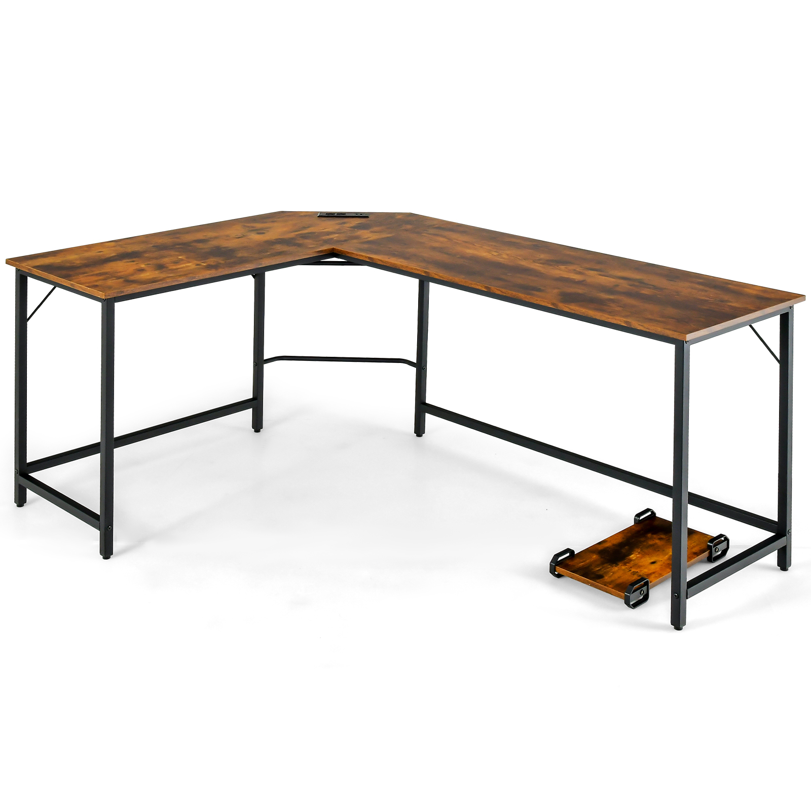 L-Shaped Desk with Power Outlet CPU Stand and Heavy-duty Metal Frame-Rustic Brown