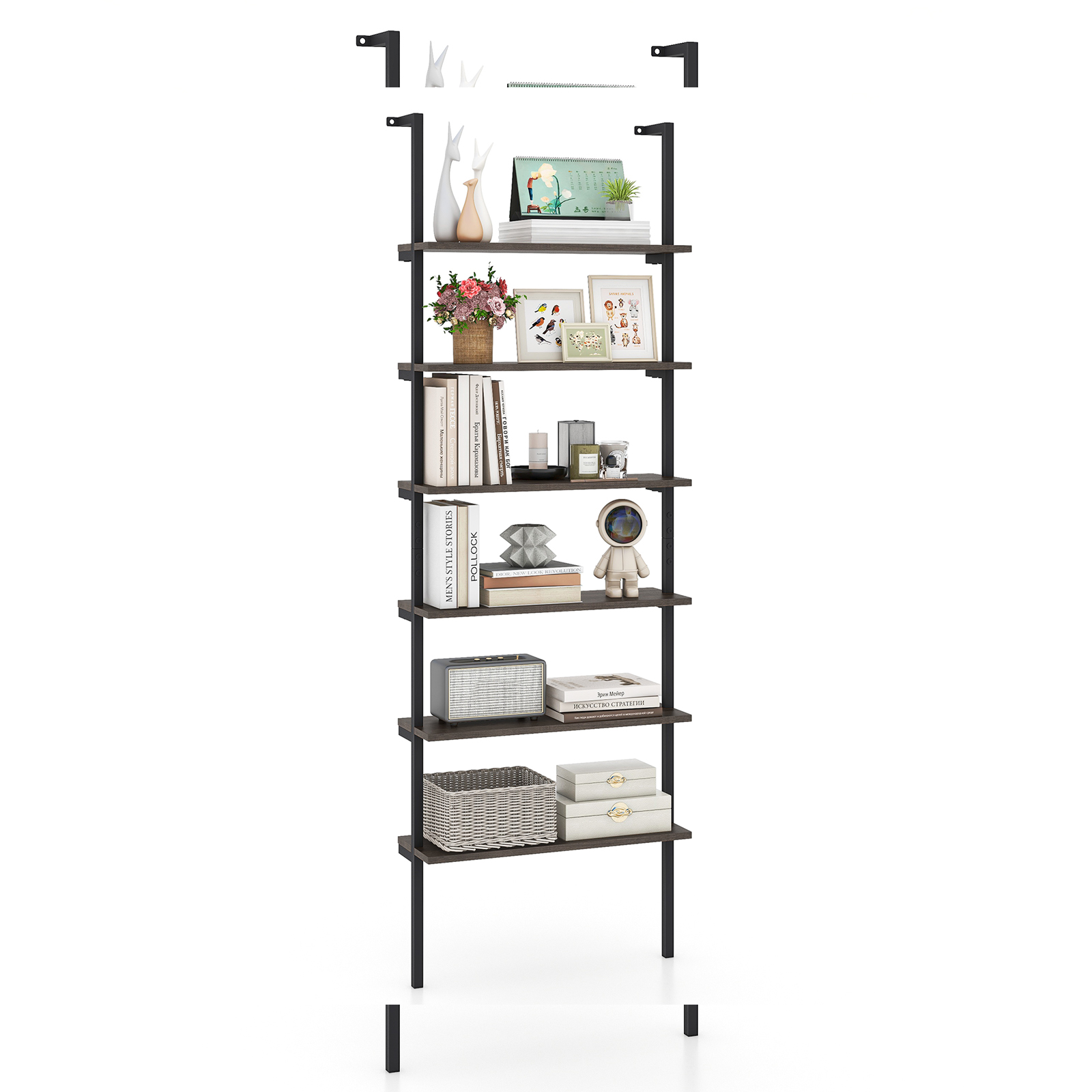 6-Tier Ladder Shelf Wall Mounted Bookshelf with Metal Frame-Oak