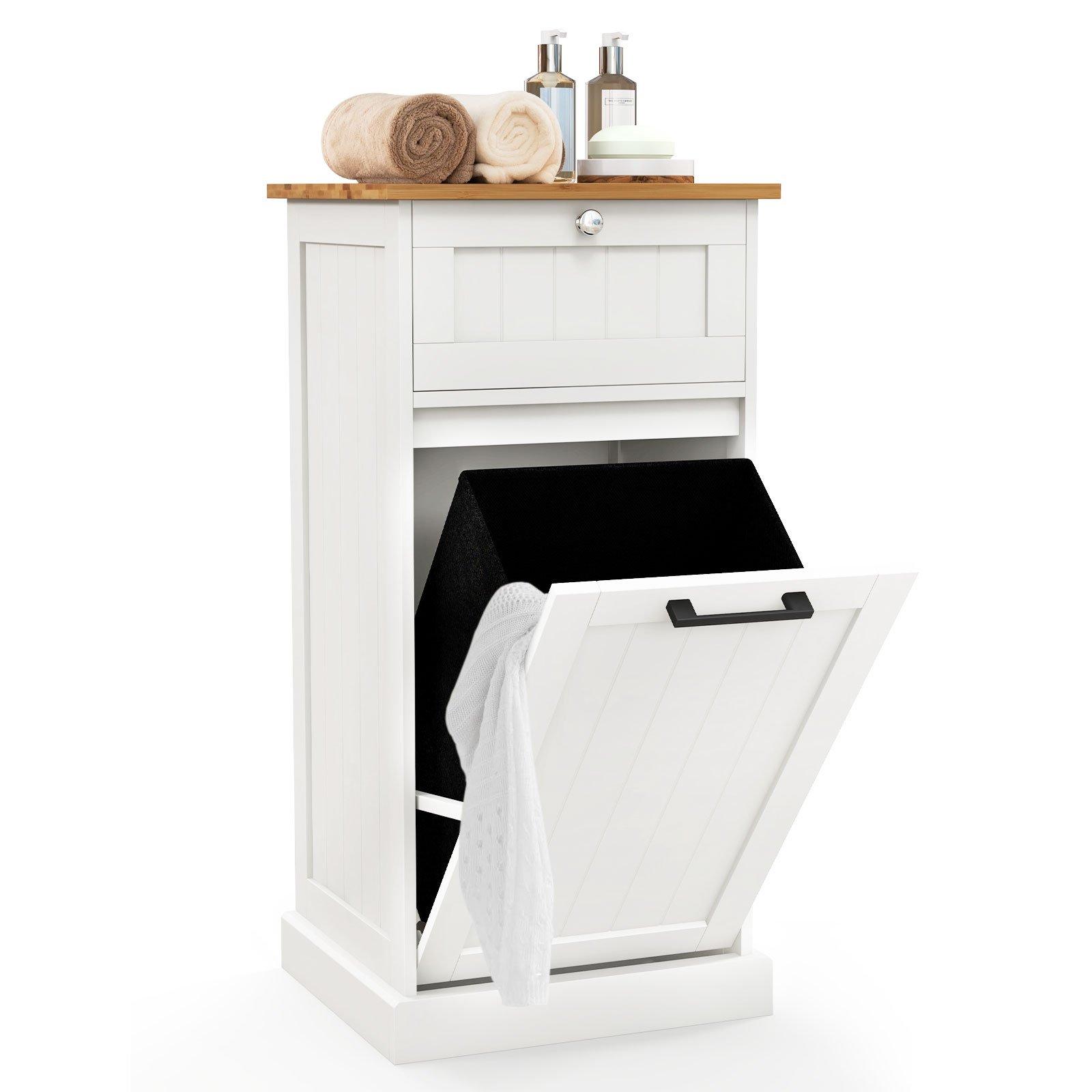 Laundry Cabinet with Basket Freestanding Tilt Out Laundry Hamper with Drawer-White