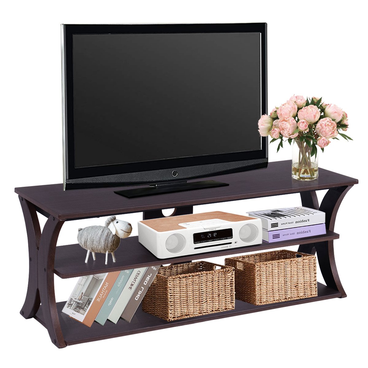 Media Console Table with Open Storage Shelves for Living Room Bedroom