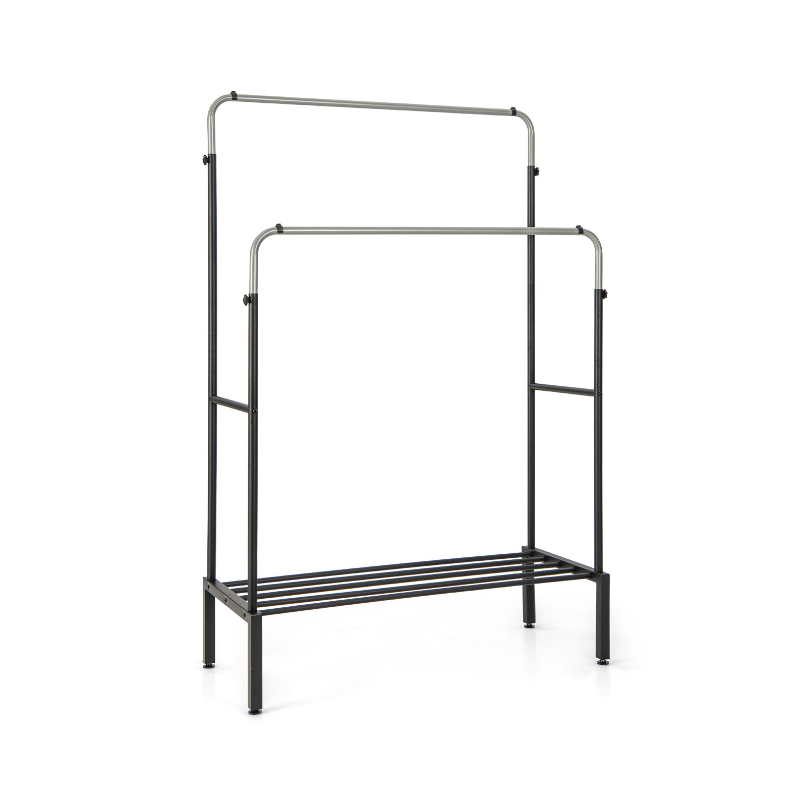 Metal Clothes Stand Rack with 2 Rods and Shoe Shelf-Silver