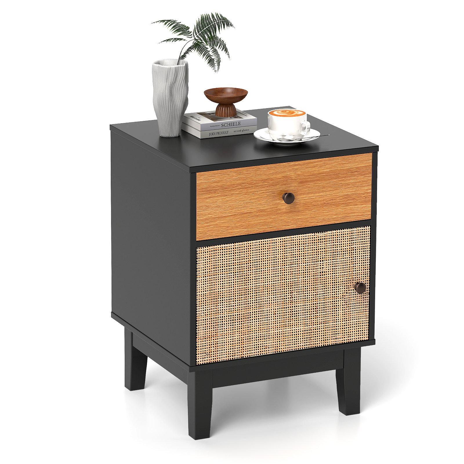 Modern Rattan Nightstand with Storage Drawer and Cabinet-Black