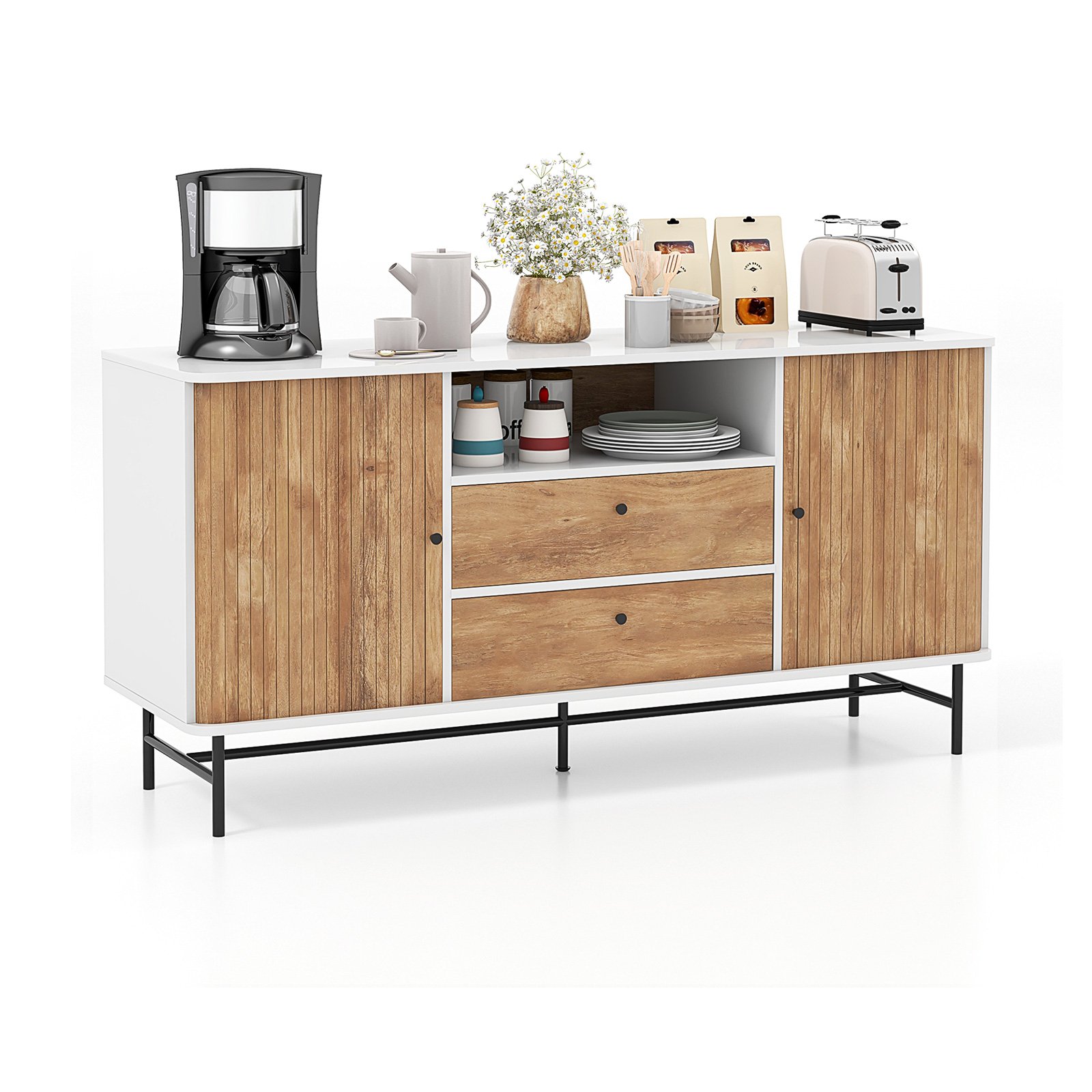 Mid Century Modern Buffet Sideboard Coffee Bar Station-White