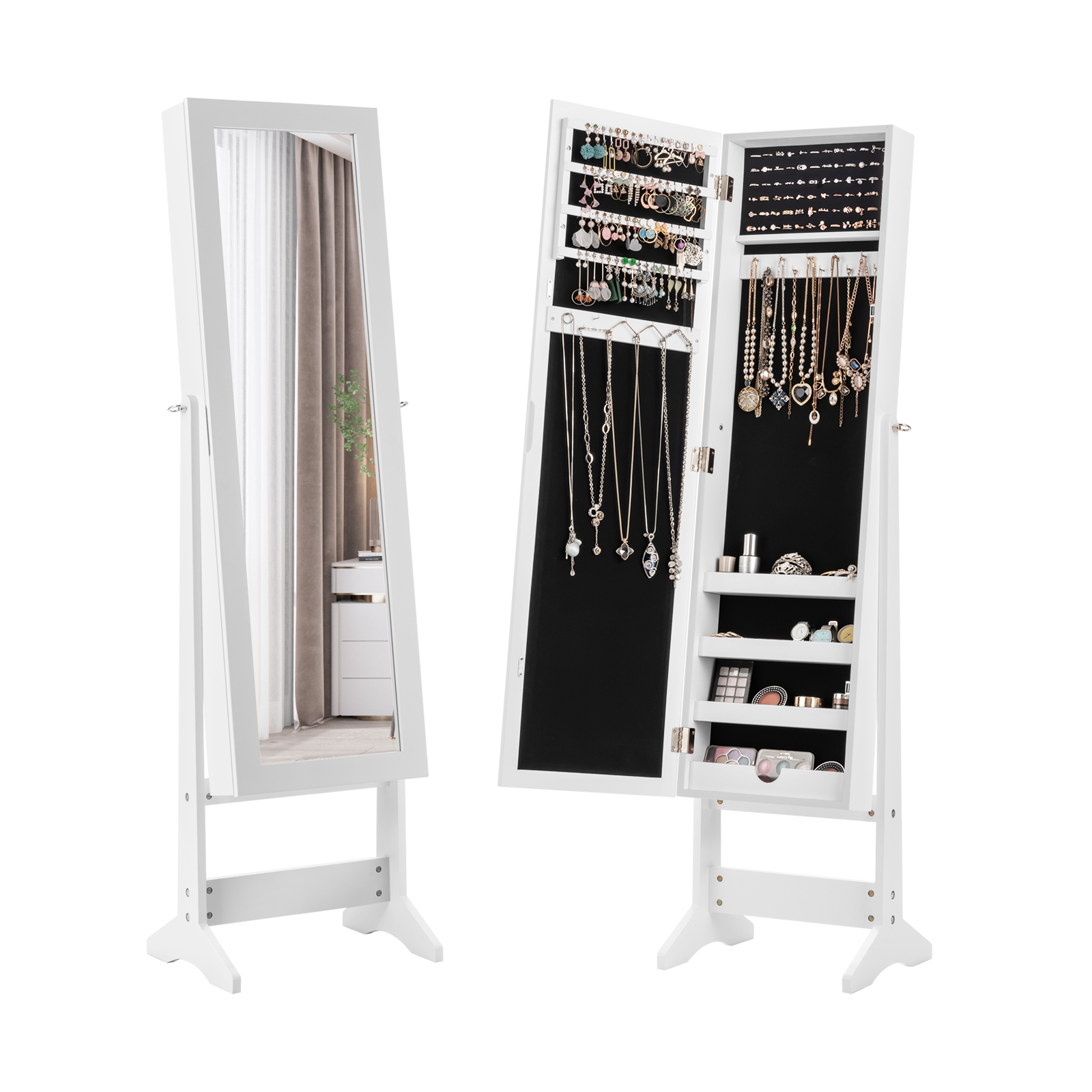 Mirrored Jewelry Armoire with Full-Length Mirror and 3 Tilting Angles-White