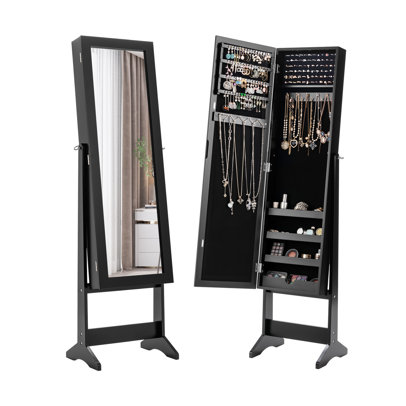 Mirrored Jewelry Armoire with Full-Length Mirror and 3 Tilting Angles-Black